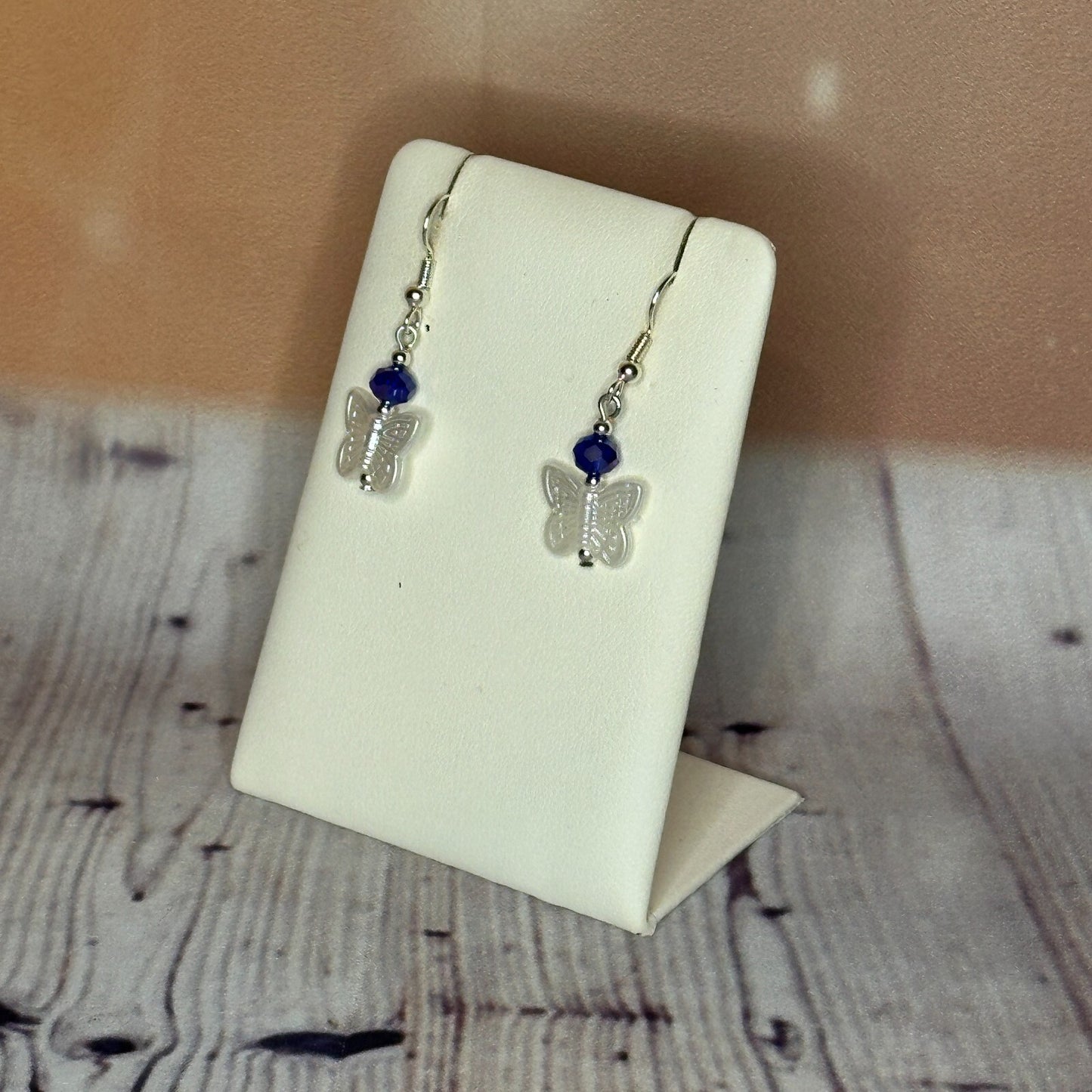 D Blue Crystal And White Butterfly Dangle Drop Earrings Handmade UK Jewellery1