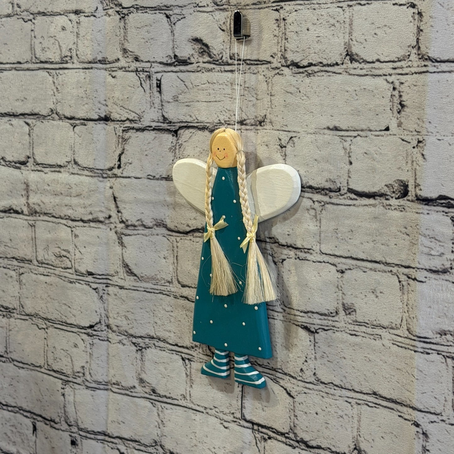 25cm Teal Wall Hanging Angel Figurine Folk Art Wood Fabric Baltic Handmade3