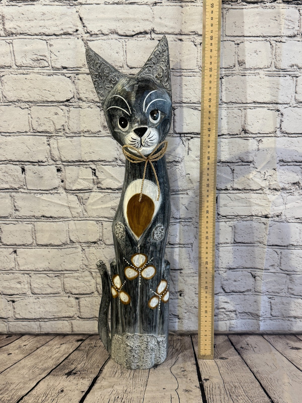 60cm Grey Silver Dots Wooden Shabby Cat Statue Ornament Fair Trade Handcarved5