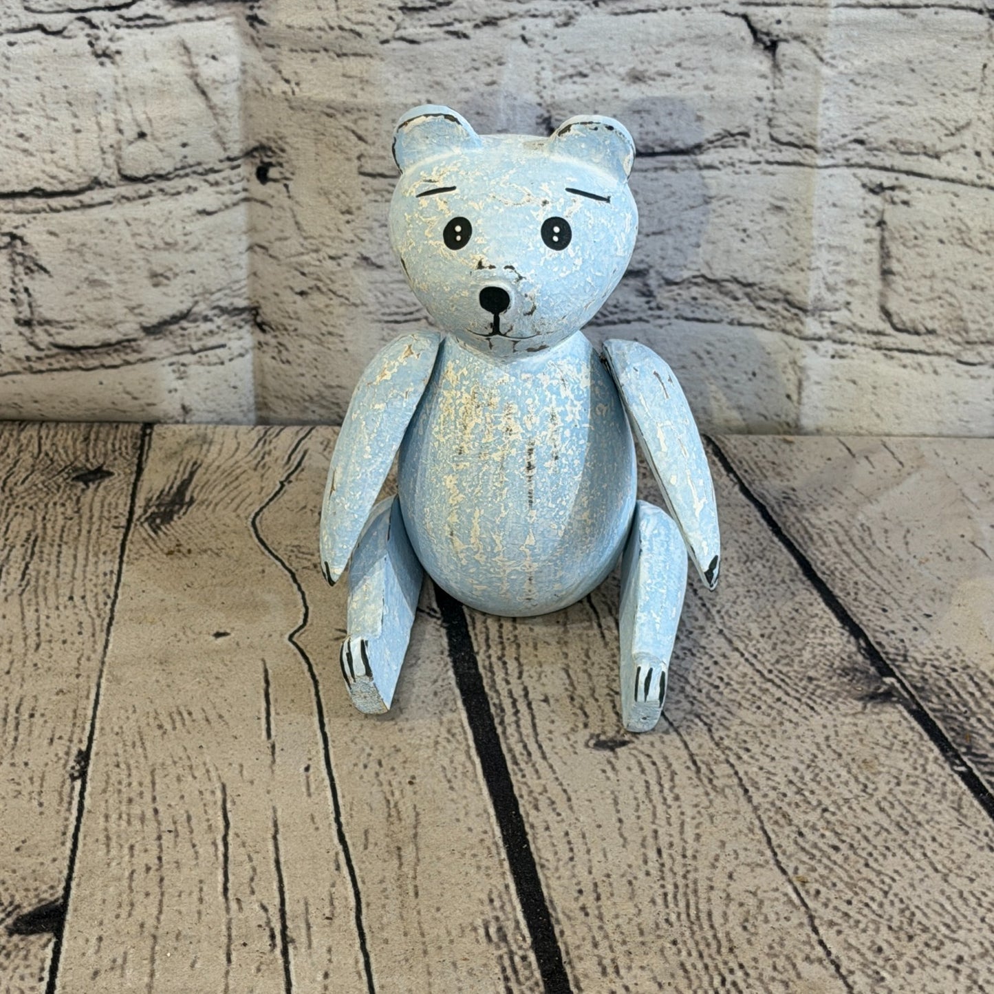15cm Blue Teddy Bear Sitting Animal, Wooden Shelf Ornament Handmade & Fairtrade1