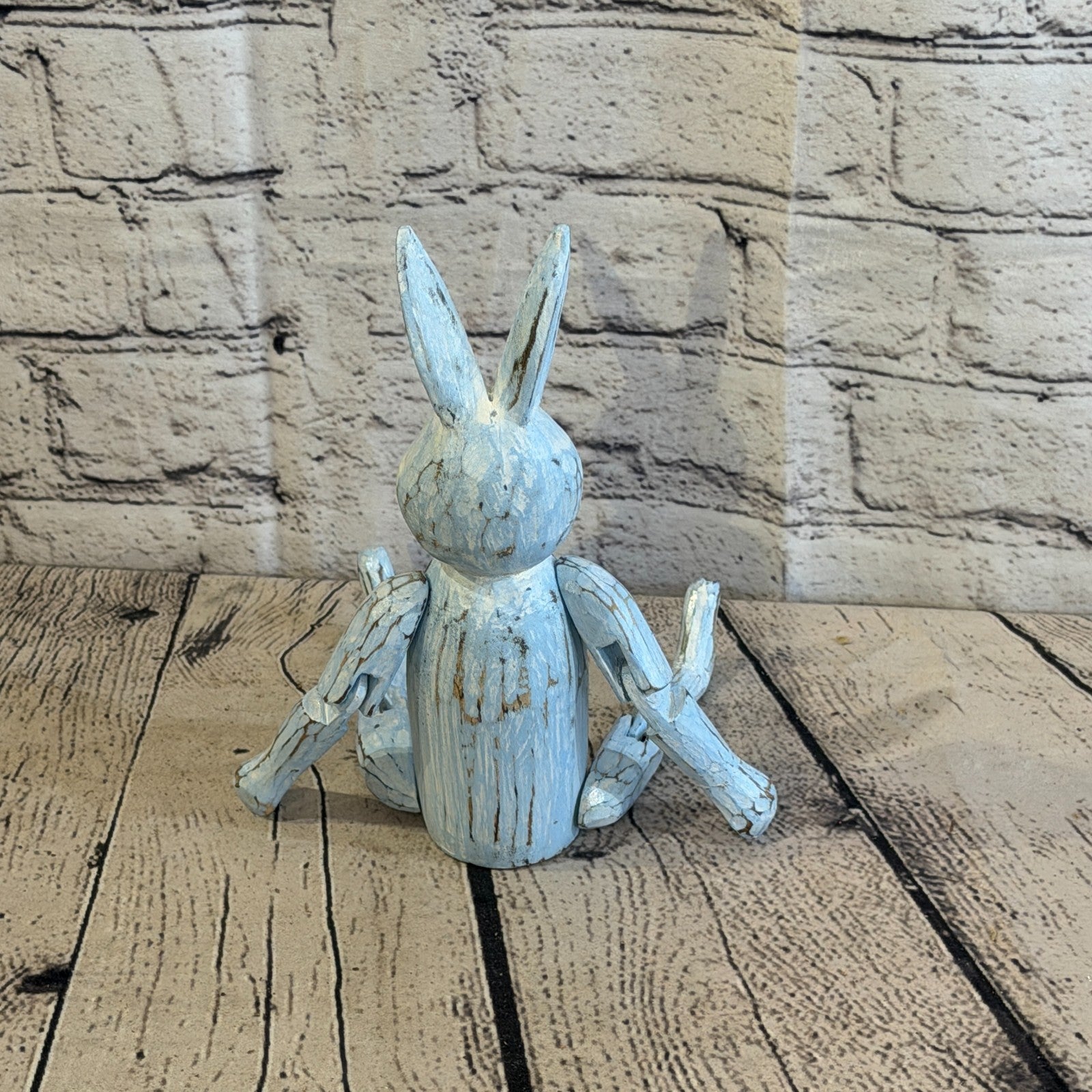 20cm Blue Bunny Rabbit Sitting Animal, Wooden Shelf Ornament Handmade Fairtrade4
