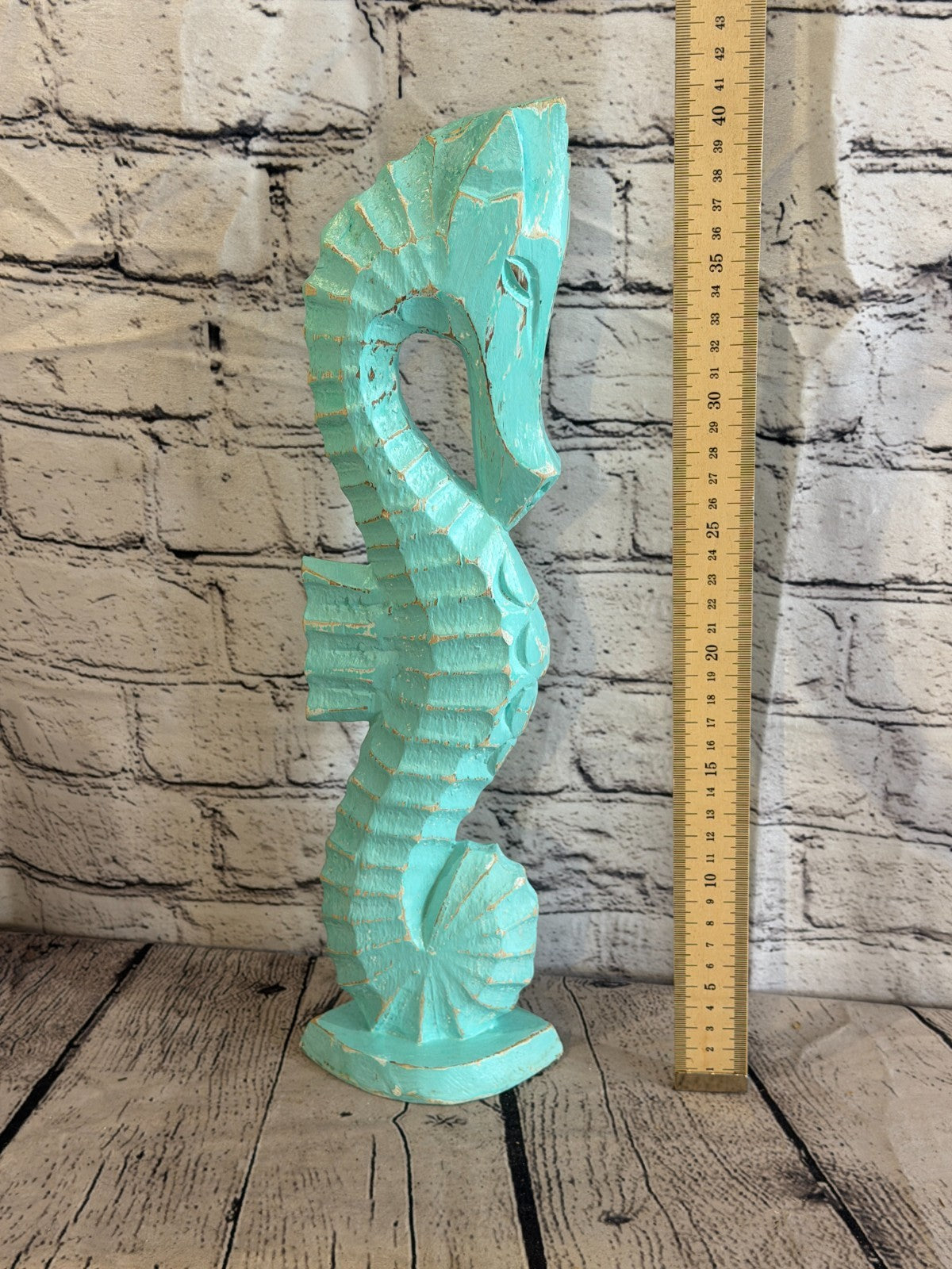 40cm Green Teal Wooden Shabby Seahorse Statue Ornament Fair Trade Handcarved5