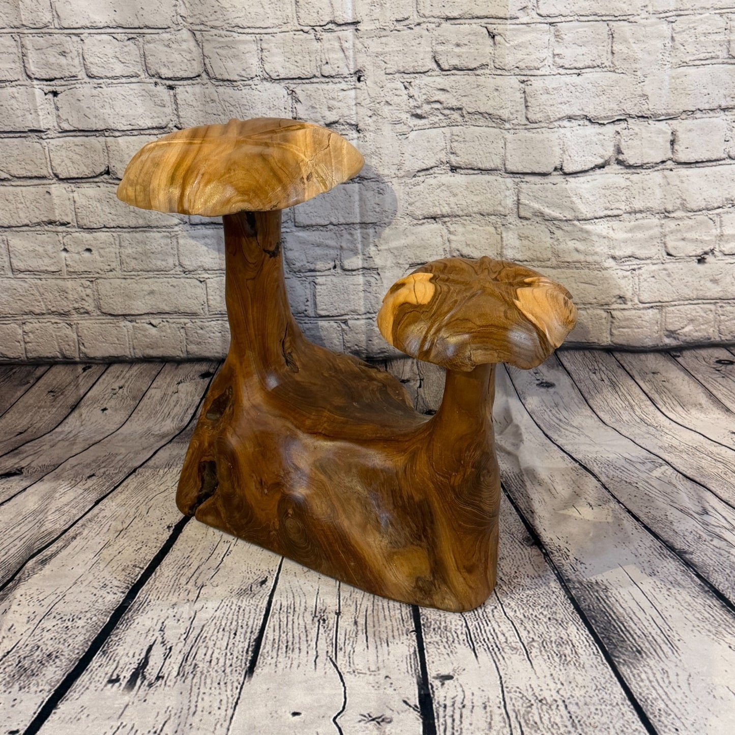 45cm x 40cm Double Wooden Mushroom Toadstool Sculpture Garden Teak Root Ornament0
