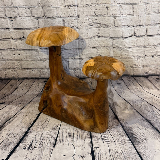 45cm x 40cm Double Wooden Mushroom Toadstool Sculpture Garden Teak Root Ornament0