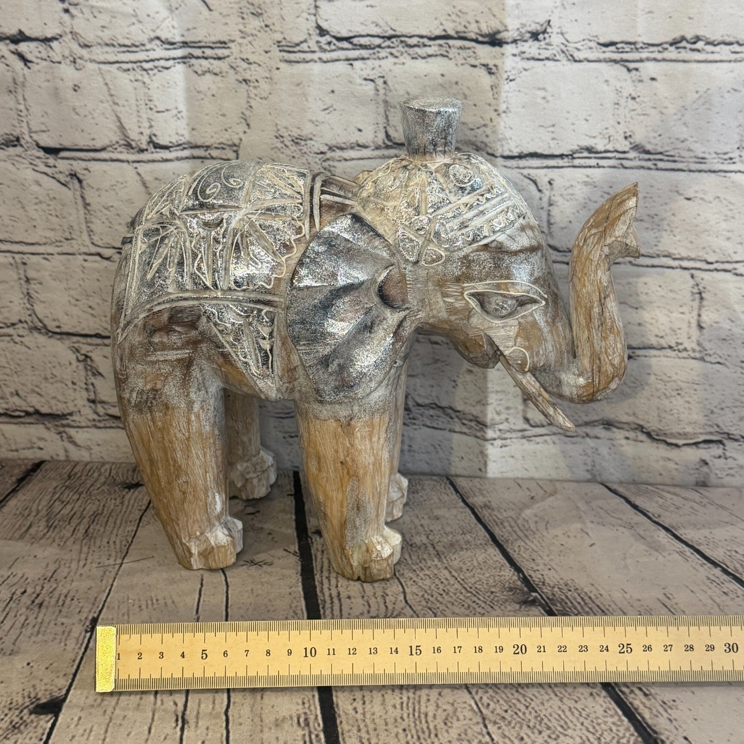 25cm x 25cm Brown Silver Wooden Standing Elephant Hand Carved & Painted7