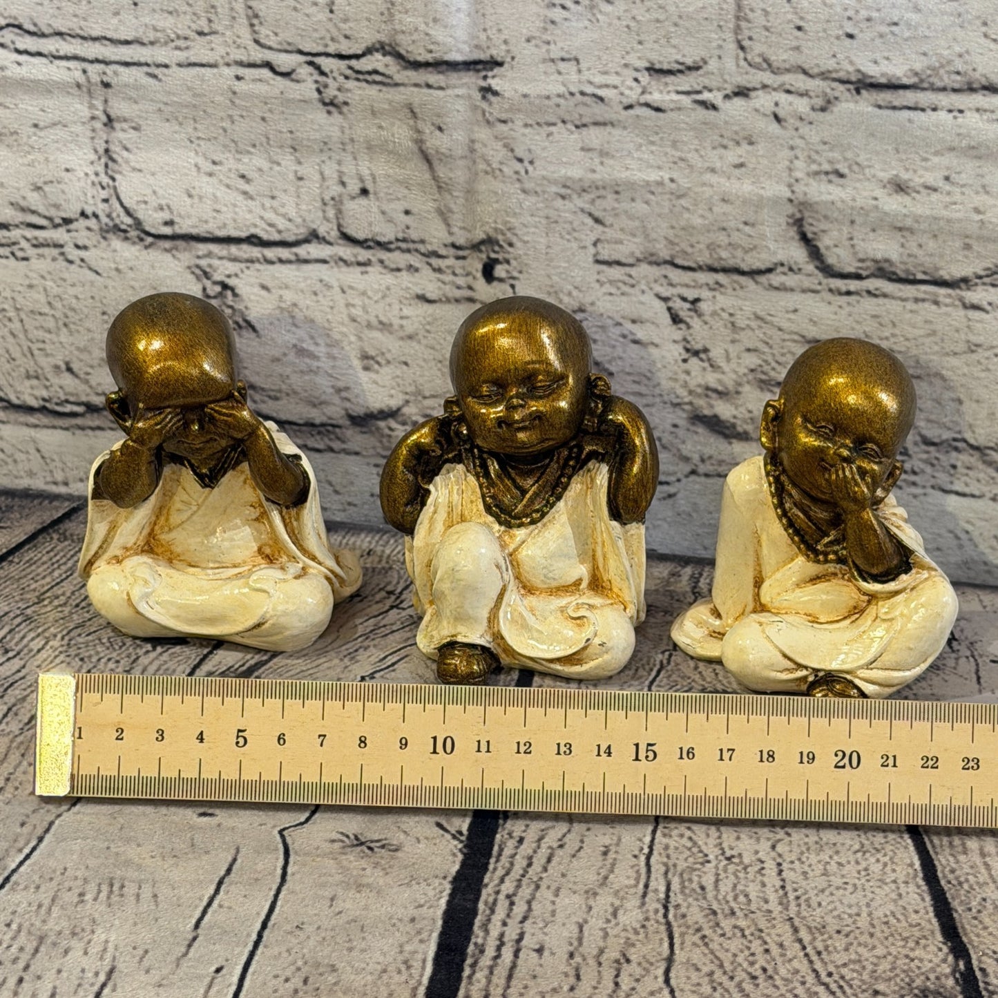 Cream 10cm Set Of 3 Wise Buddha Monks Sitting On Seat Statue Resin Hindu4