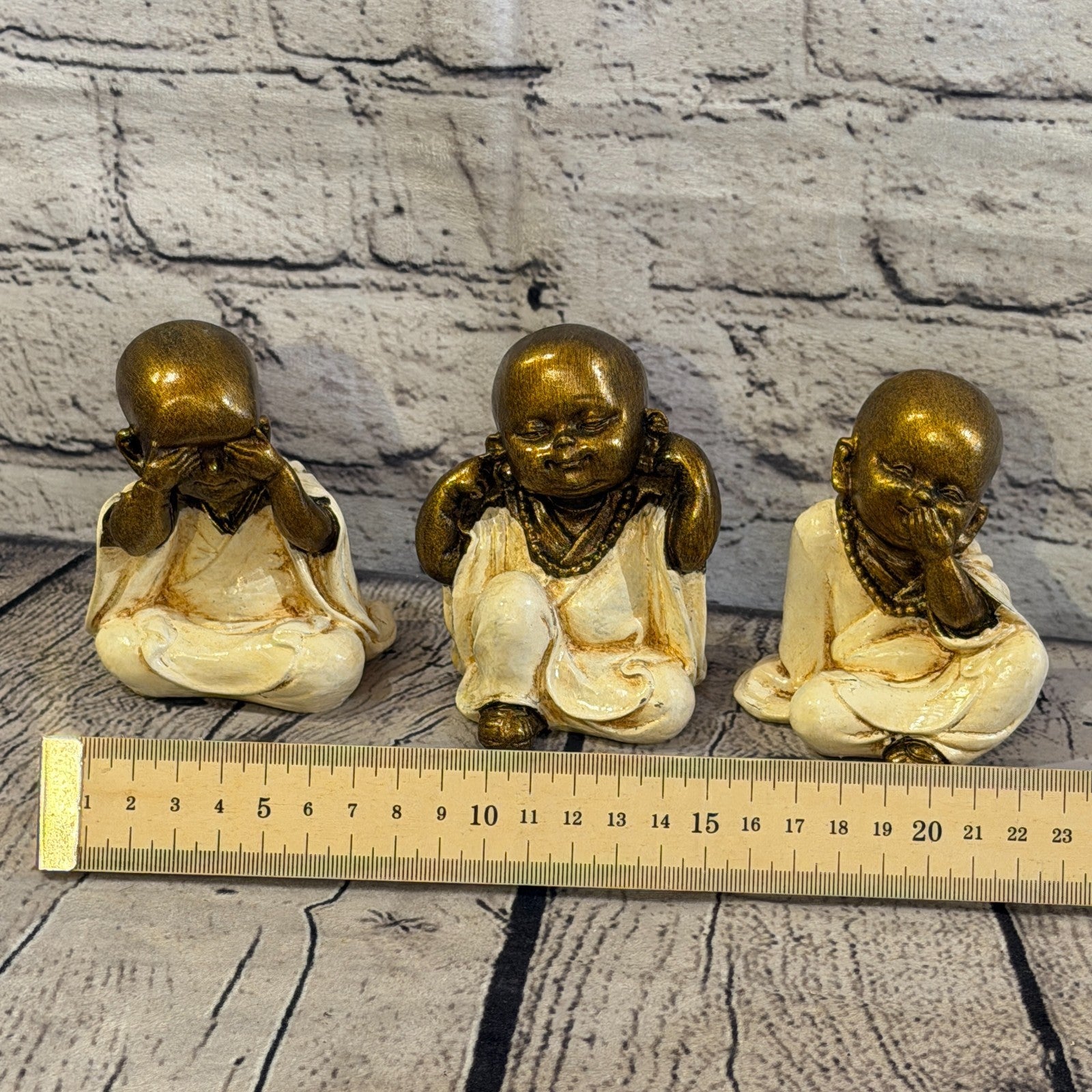 Cream 10cm Set Of 3 Wise Buddha Monks Sitting On Seat Statue Resin Hindu4