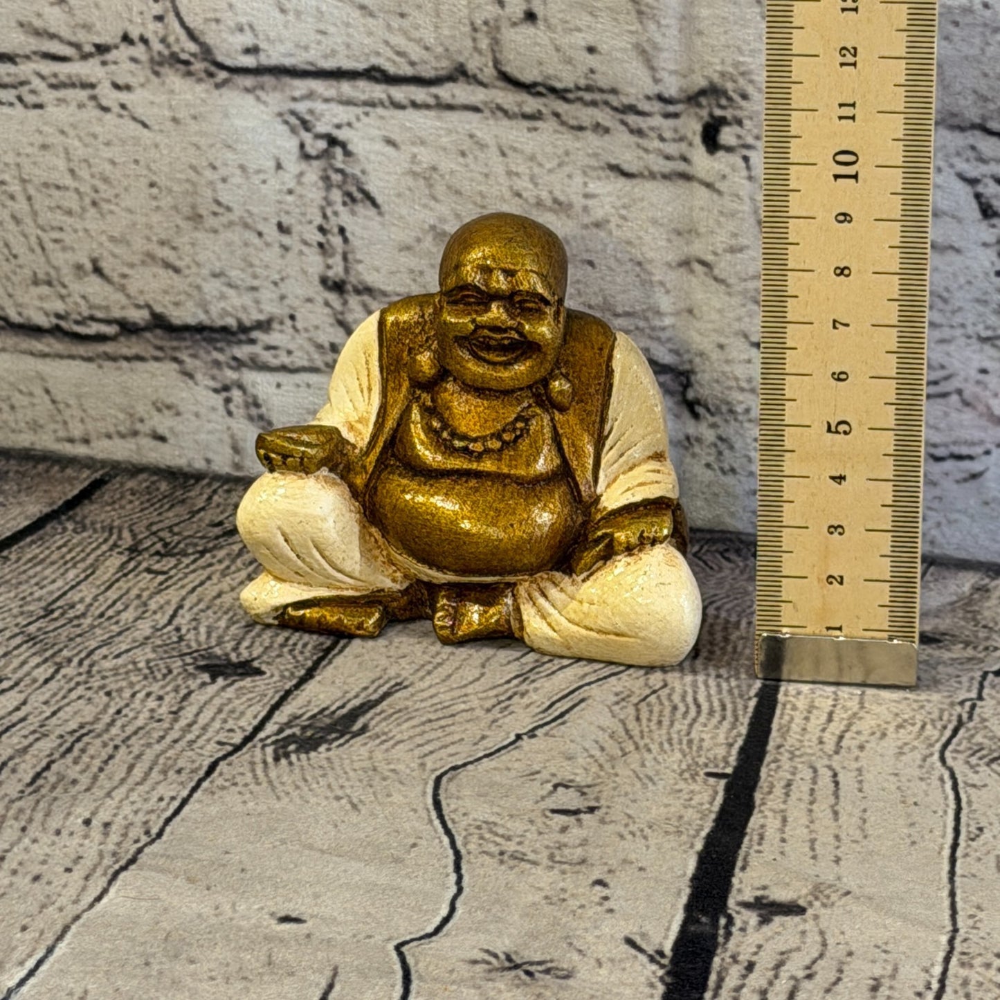 Cream & Bronze 10cm x 10cm Small Chinese Buddha Sitting On Lotus Statue Resin5