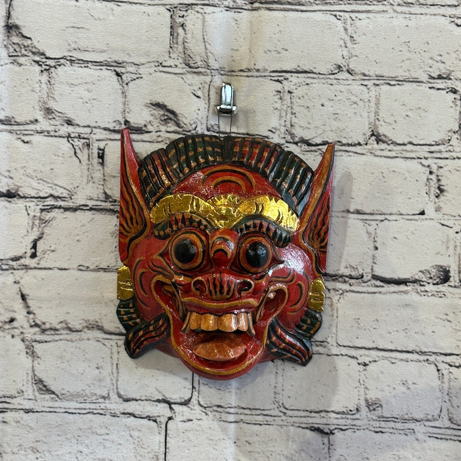 Large Wooden Red Barong Wall Mask 18cm x 18cm Handmade And Fairtrade Hindu2