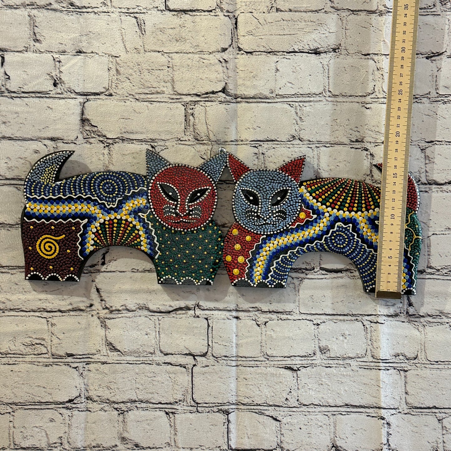 50cm 2 Cats Carved Wooden Dot Painted Ethnic Tribal Tiki Wall Art Handmade No 14