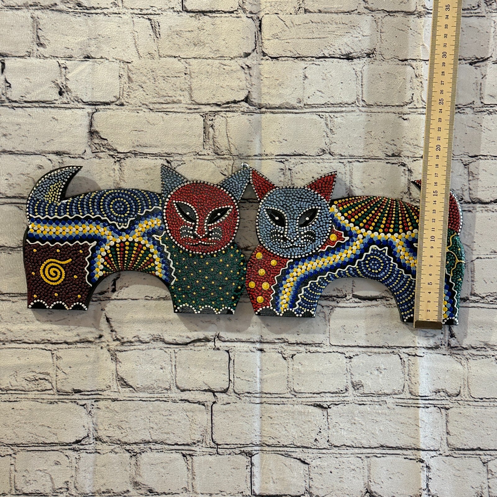 50cm 2 Cats Carved Wooden Dot Painted Ethnic Tribal Tiki Wall Art Handmade No 14