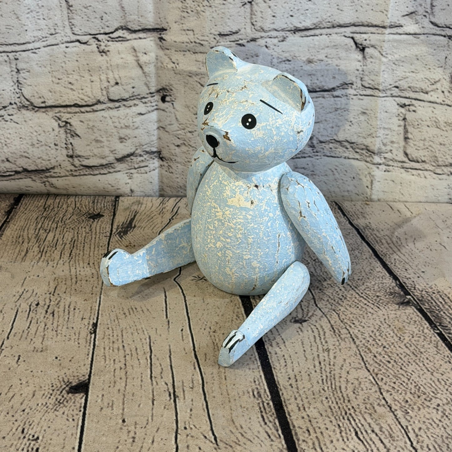 18cm Blue Teddy Bear Sitting Animal, Wooden Shelf Ornament Handmade & Fairtrade0