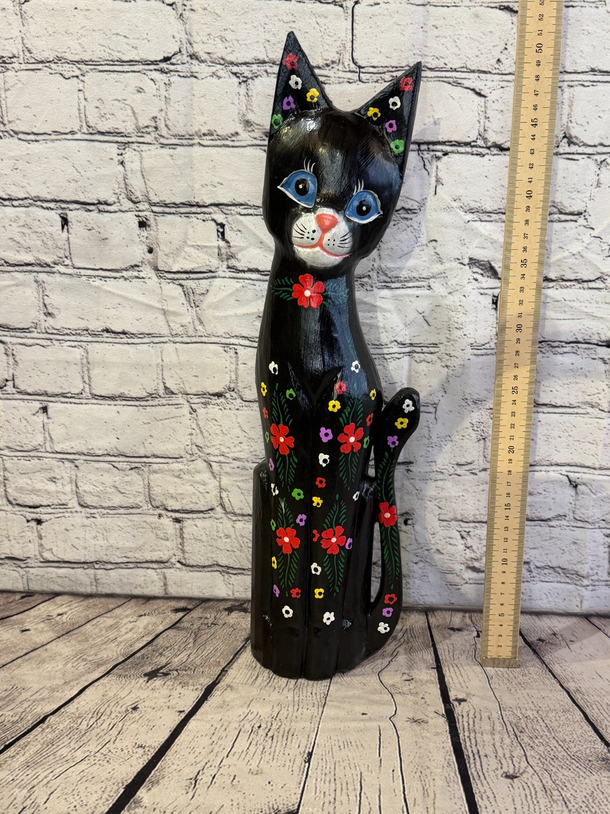 50cm Black Mix Flower Wooden Shabby Cat Statue Ornament Fair Trade Handcarved5