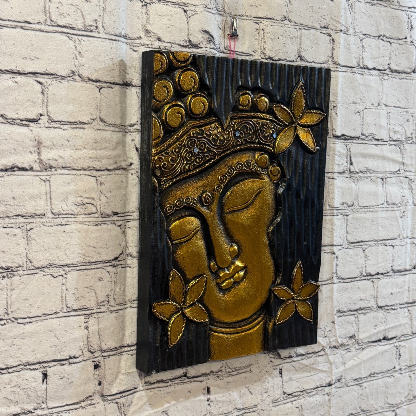 Wooden Wood Panel 40cm Gold Black Buddha Flower Wall Art Plaque Handcarved0
