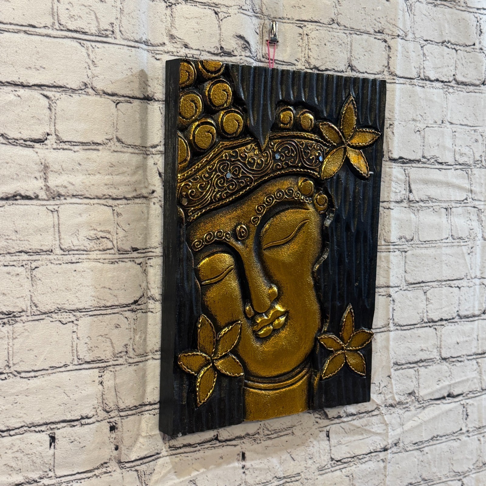 Wooden Wood Panel 40cm Gold Black Buddha Flower Wall Art Plaque Handcarved0