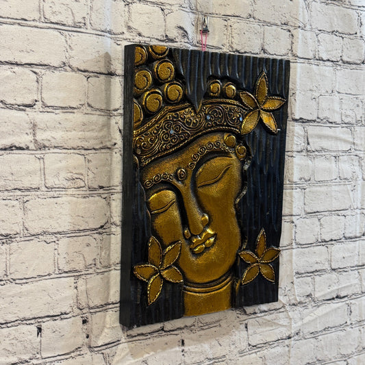 Wooden Wood Panel 40cm Gold Black Buddha Flower Wall Art Plaque Handcarved0