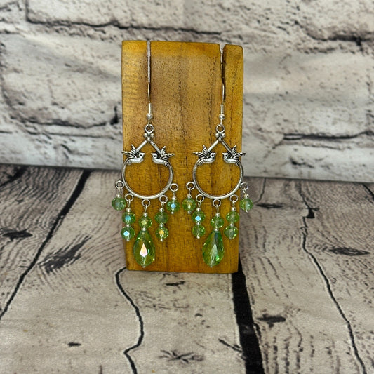 Green Drop Crystal Bird Dangle Drop Earrings Handmade UK Jewellery0