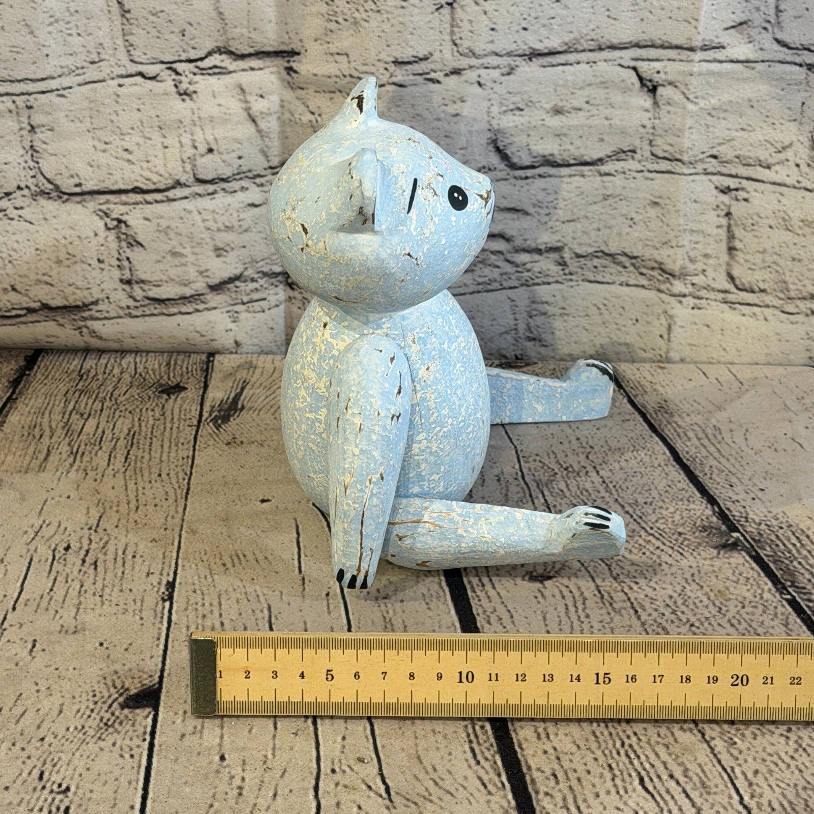 18cm Blue Teddy Bear Sitting Animal, Wooden Shelf Ornament Handmade & Fairtrade7