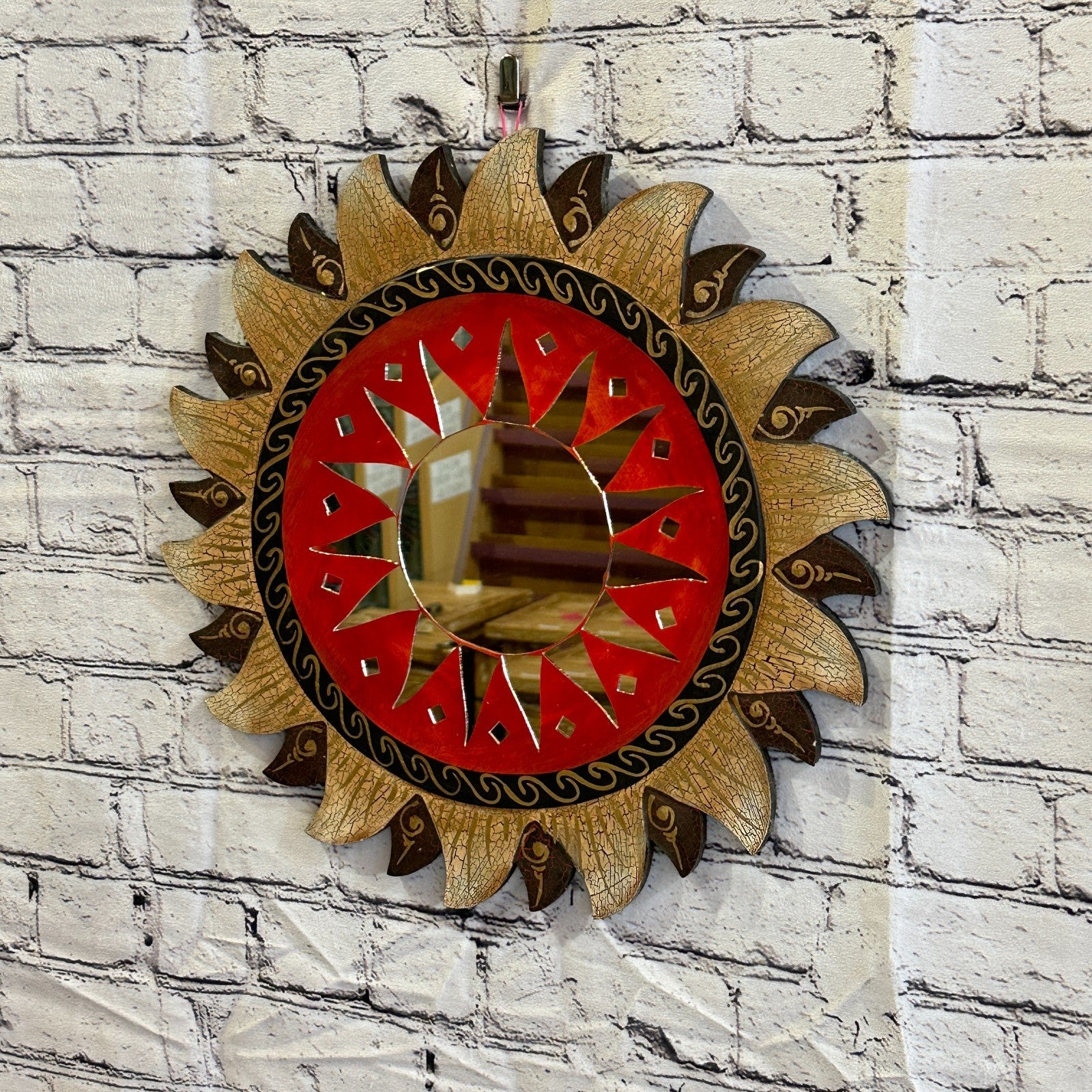 Red Gold Sun Mosaic Tile Wall Mirror 40cm x 40cm 16 Inches Handmade Fairtrade1