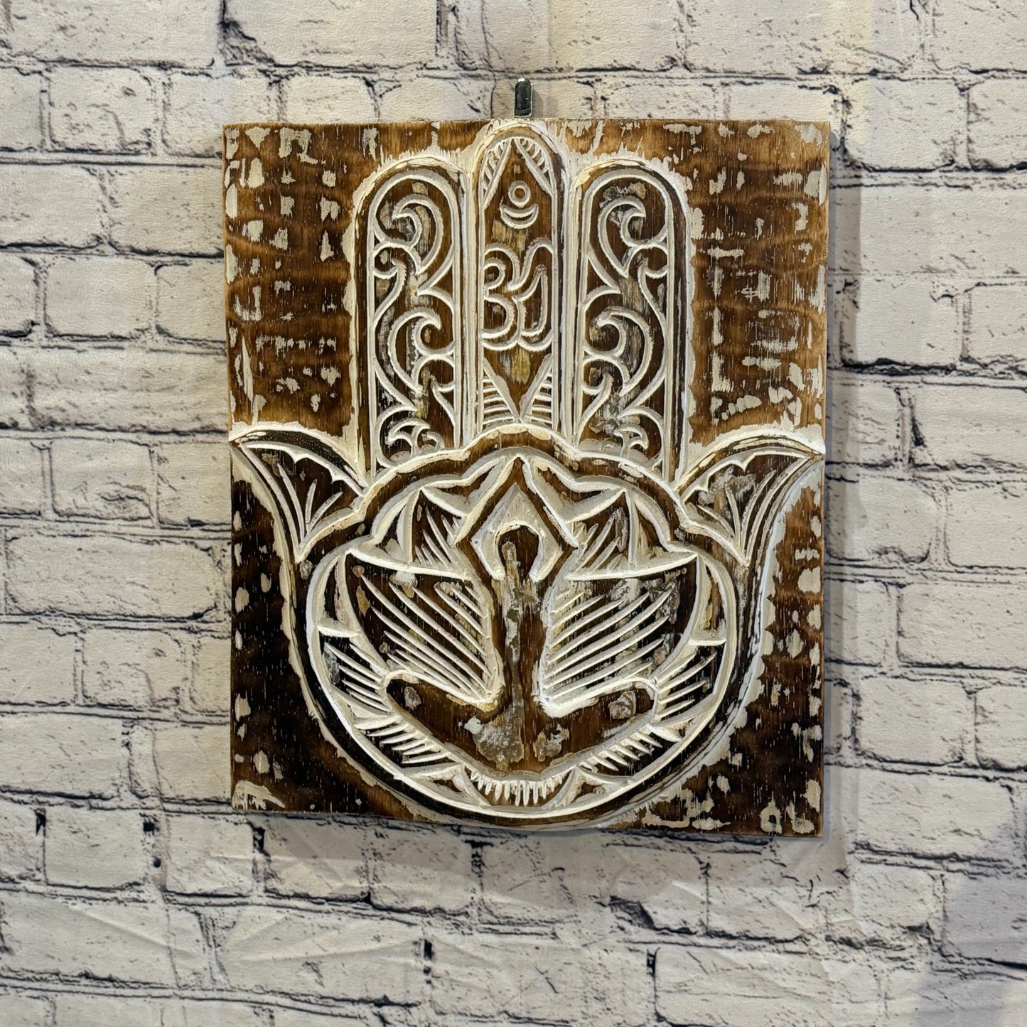 40cm x 35cm Hand Of Fatima Brown Wooden Wood Panel Wall Art Plaque Handcarved2