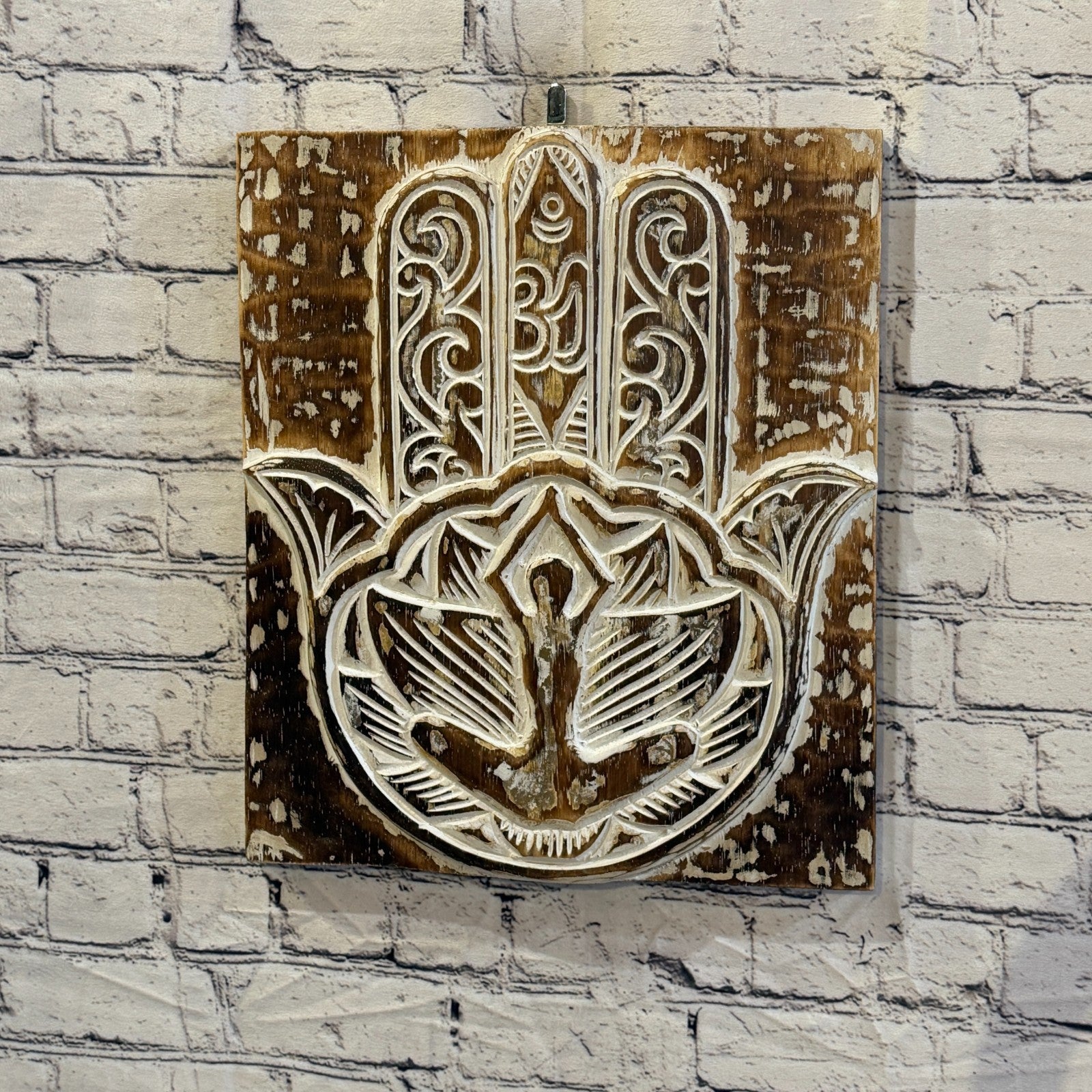 40cm x 35cm Hand Of Fatima Brown Wooden Wood Panel Wall Art Plaque Handcarved2
