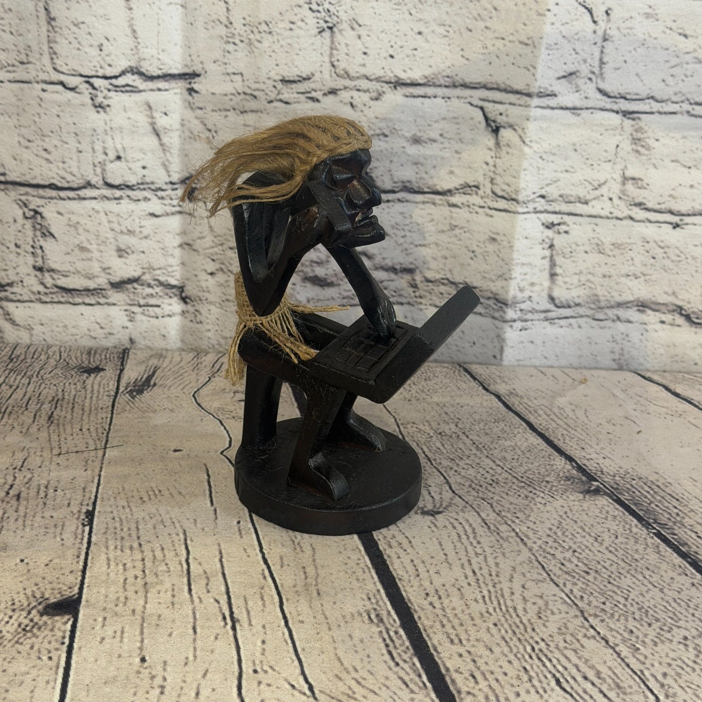 15cm Computer Phone African Tribal Warrior Man Figure Statue Wood Hand Carved2