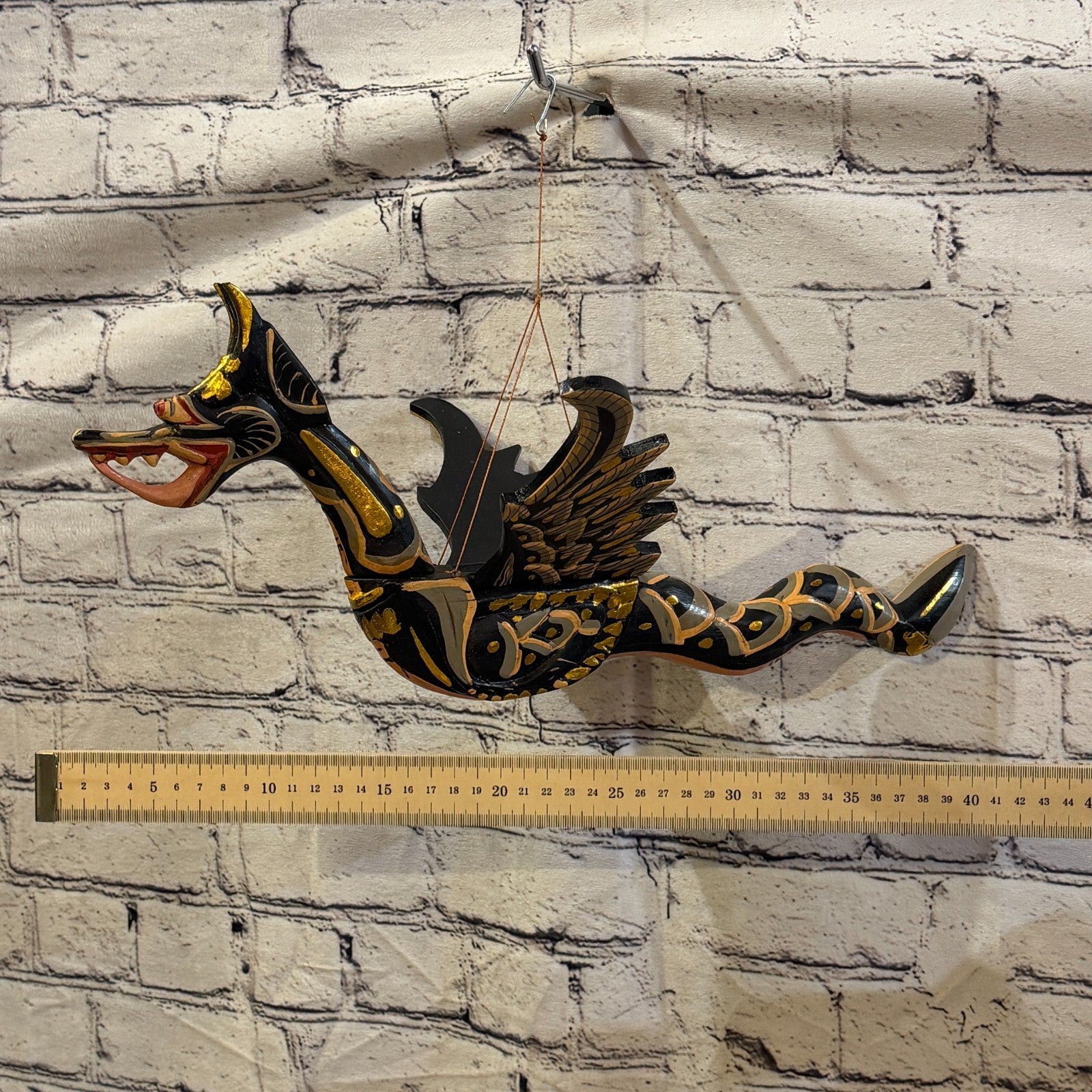 40cm Black Dragon Folk Art Carved Wood Flying Winged Mobile Spirit Guardian3
