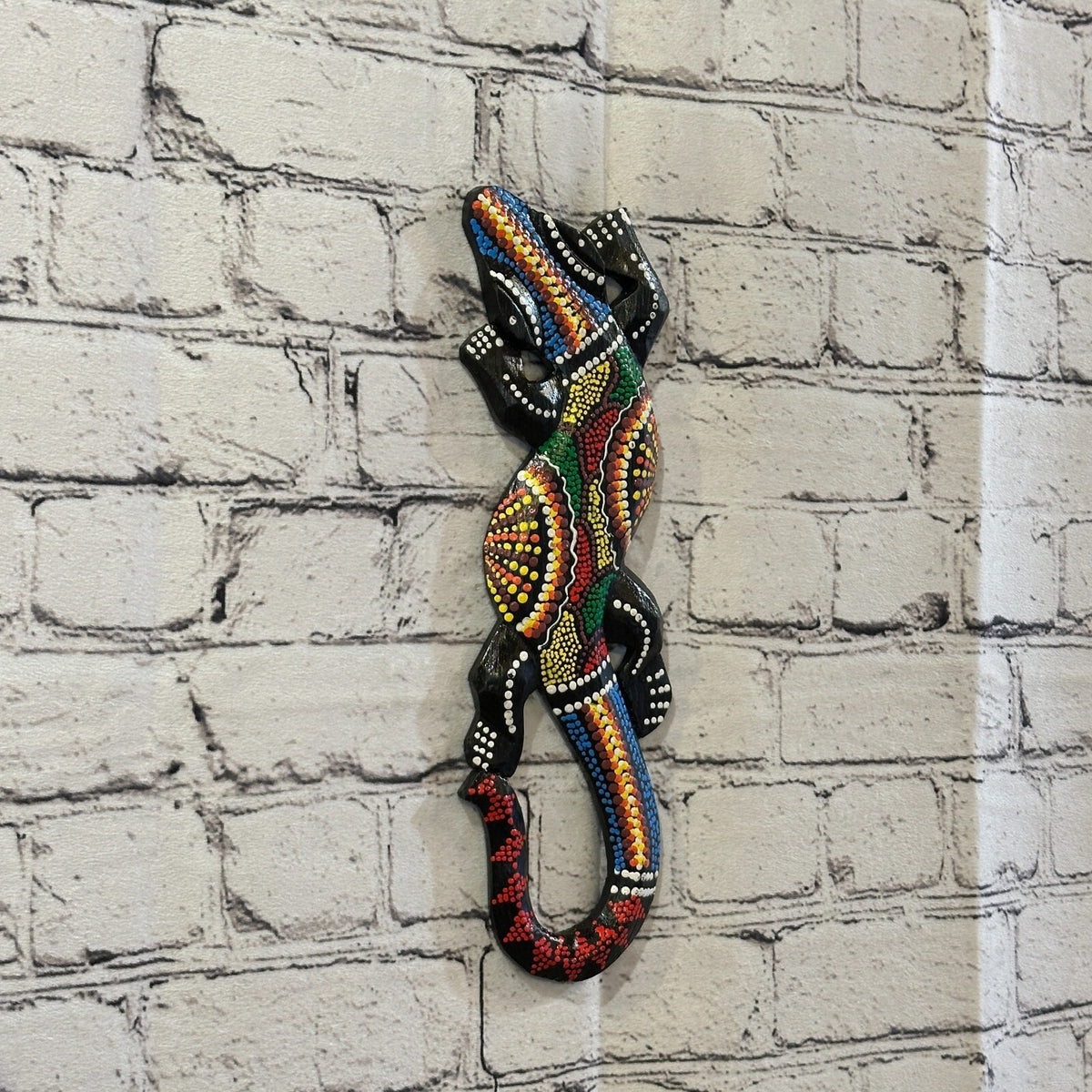 30cm Gecko Carved Wooden Dot Painted Ethnic Tribal Tiki Wall Handmade No 21