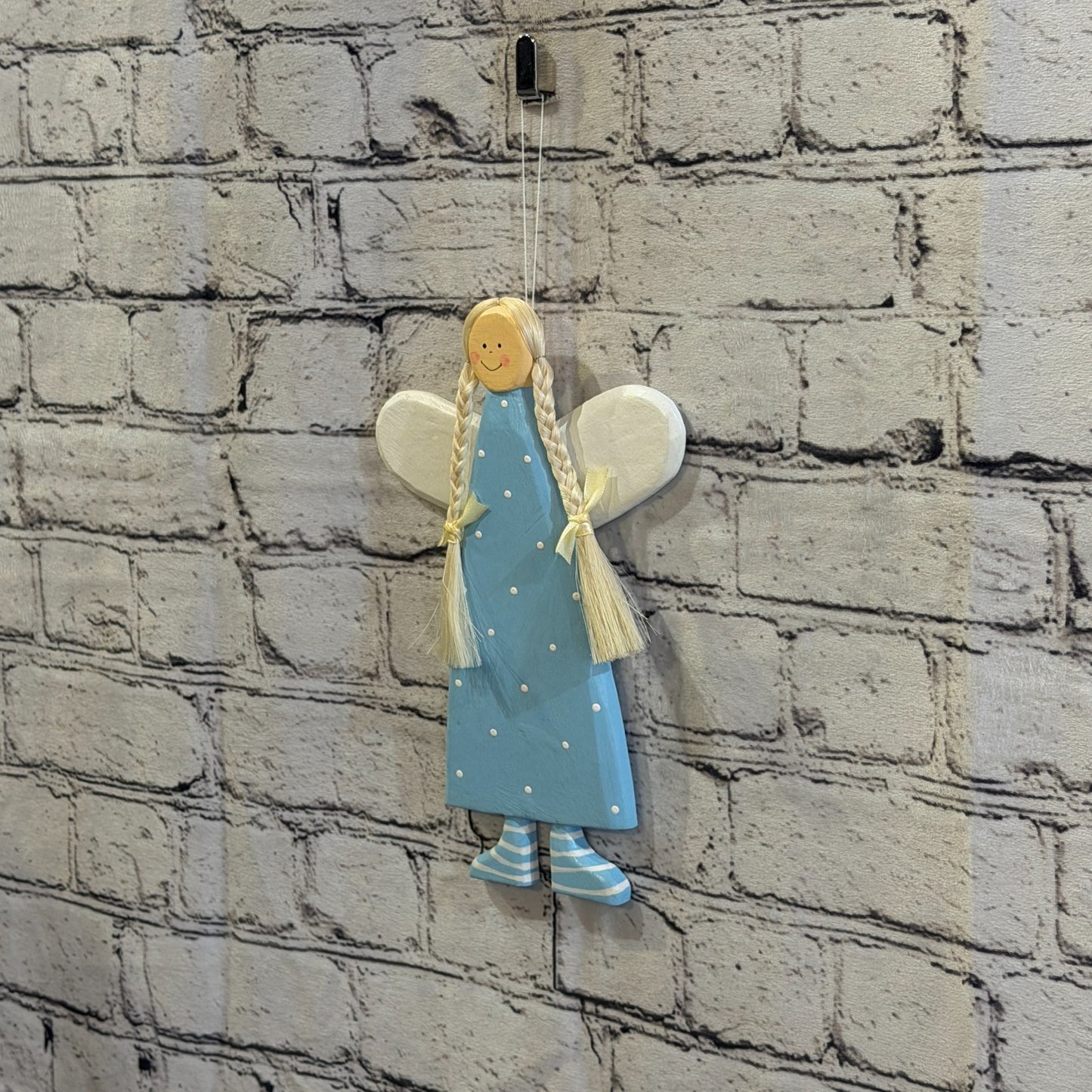 25cm Blue Wall Hanging Angel Figurine Folk Art Wood Fabric Baltic Handmade3