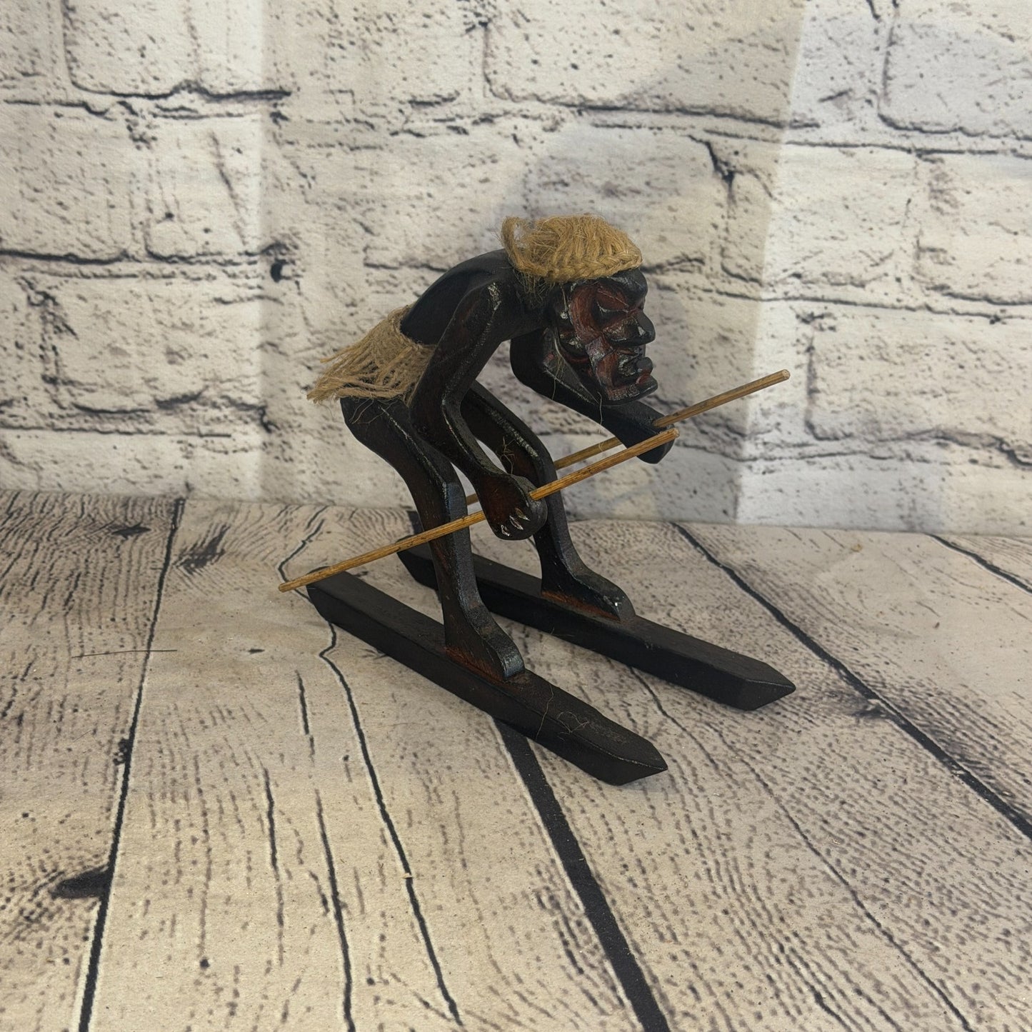 15cm Skiing Winter African Tribal Warrior Man Figure Statue Wood Hand Carved2