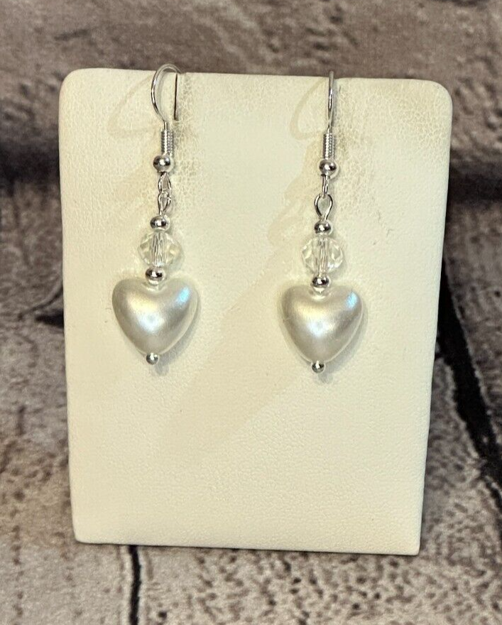 White Crystal And White Heart Shaped Dangle Drop Earrings Handmade UK Jewellery0