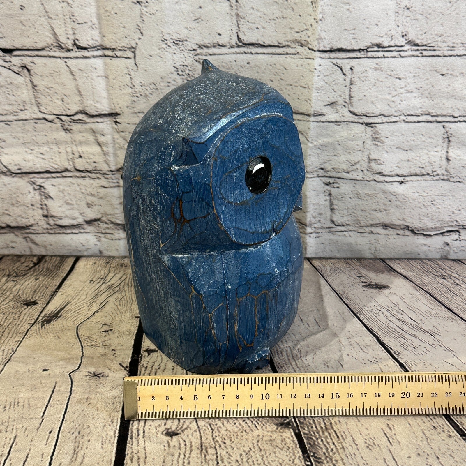 20cm x 15cm Blue Flower Wooden Shabby Owl Statue Ornament Fair Trade Handcarved8