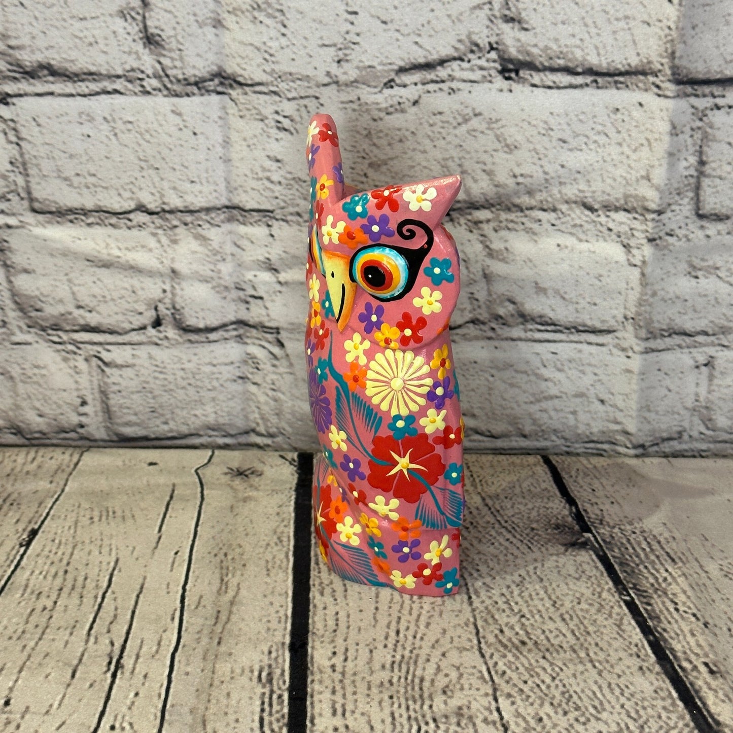 Pink Medium Wooden Owl With Flower Pattern 15cm x 8cm Handmade and Fairtrade1