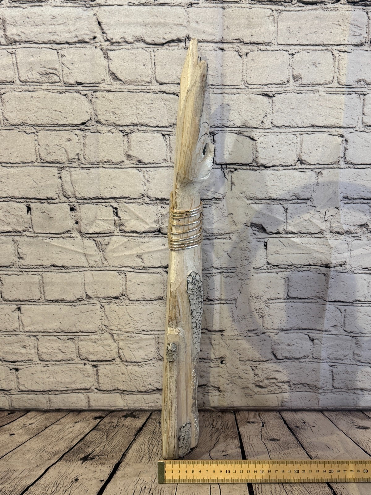 60cm White Silver Dots Wooden Shabby Cat Statue Ornament Fair Trade Handcarved7