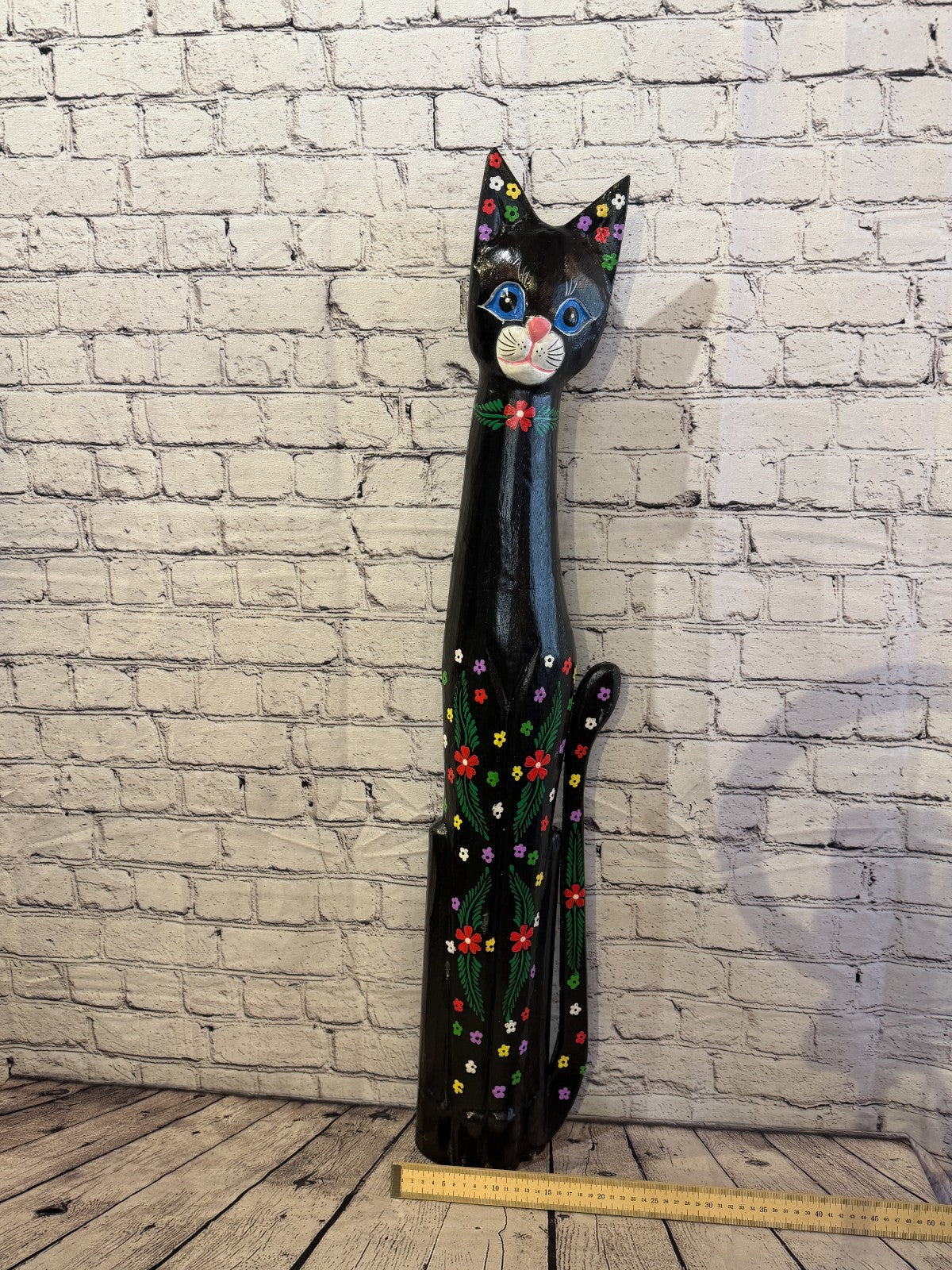 100cm Black Mix Flower Wooden Shabby Cat Statue Ornament Fair Trade Handcarved6