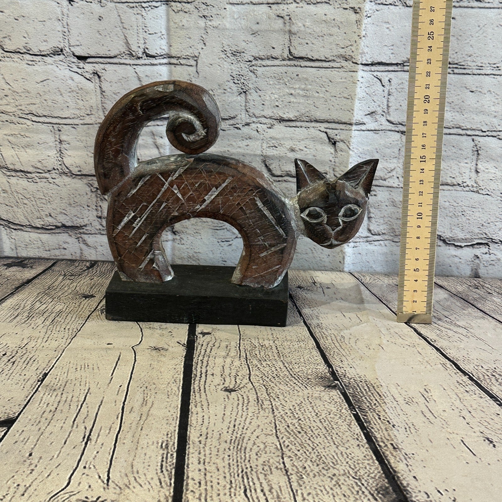 22cm x 20cm  Wooden Tribal Primitive Black Cat Stand Sculpture Statue Art5