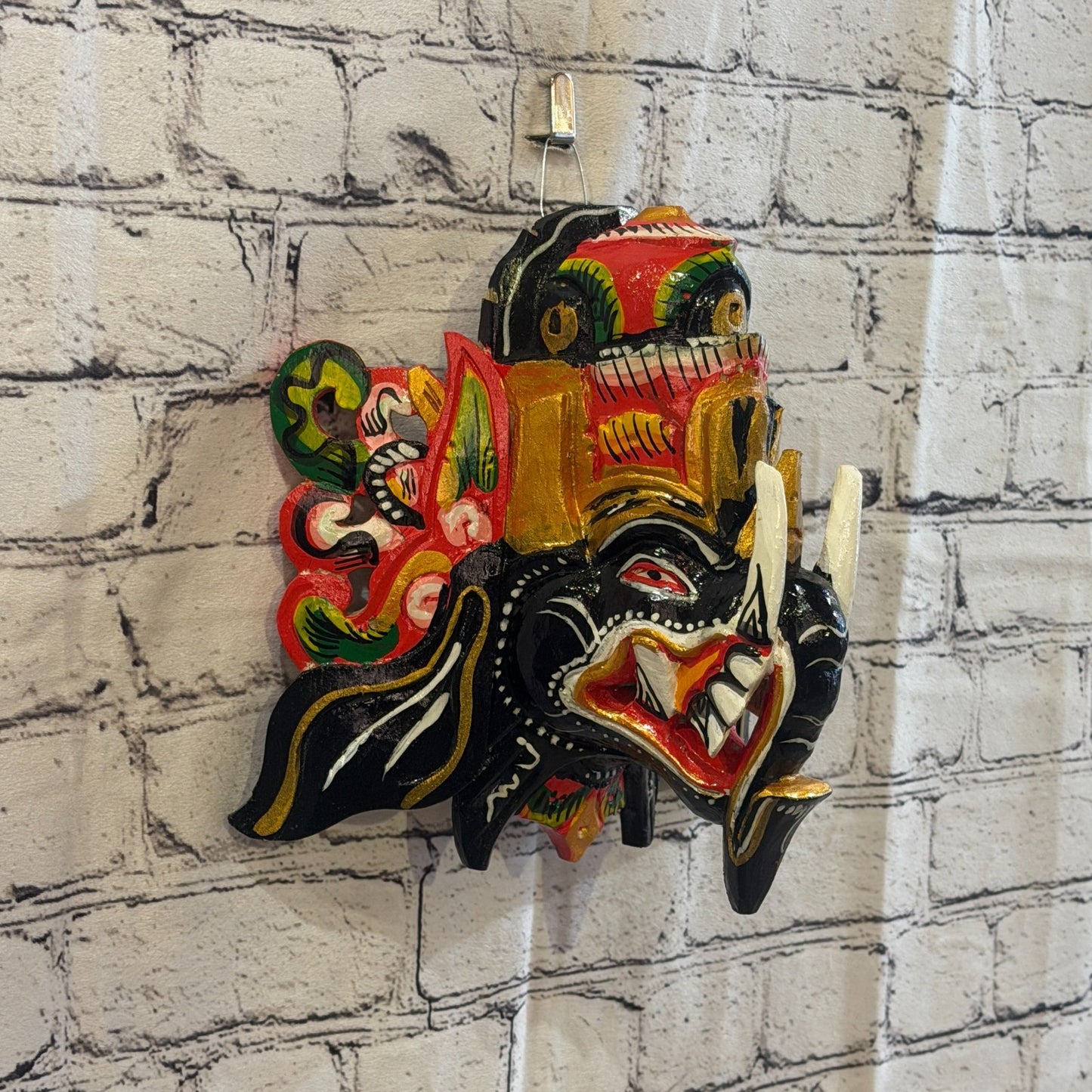 25cm Ganash Ganesha Black Elephant Hindu Deity Wooden Hand Carved Mask Painted0