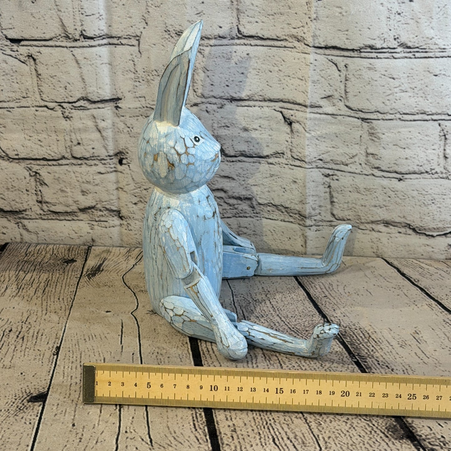 25cm Blue Bunny Rabbit Sitting Animal, Wooden Shelf Ornament Handmade Fairtrade7