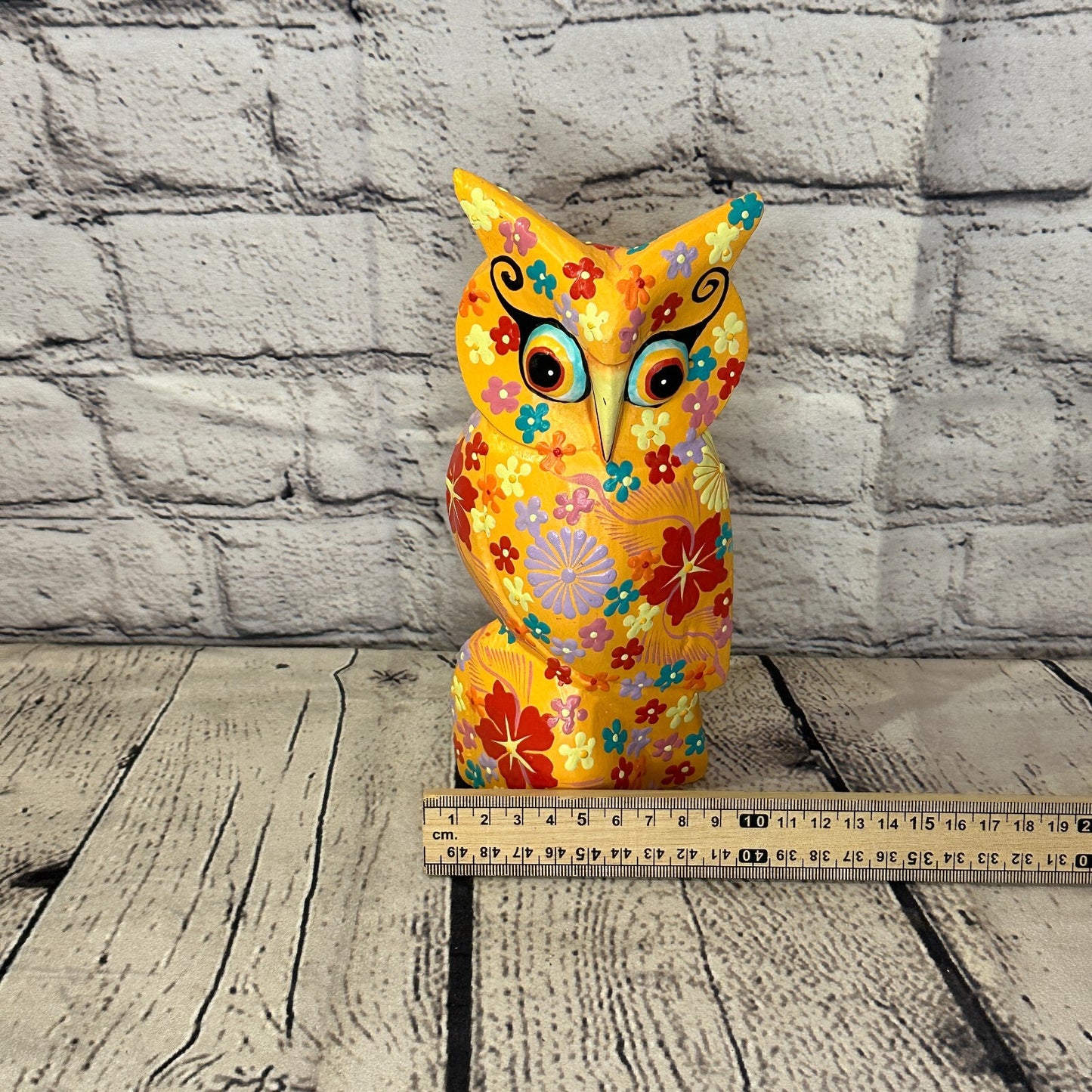 Orange Large Wooden Owl With Flower Pattern 20cm x 8cm Handmade and Fairtrade6