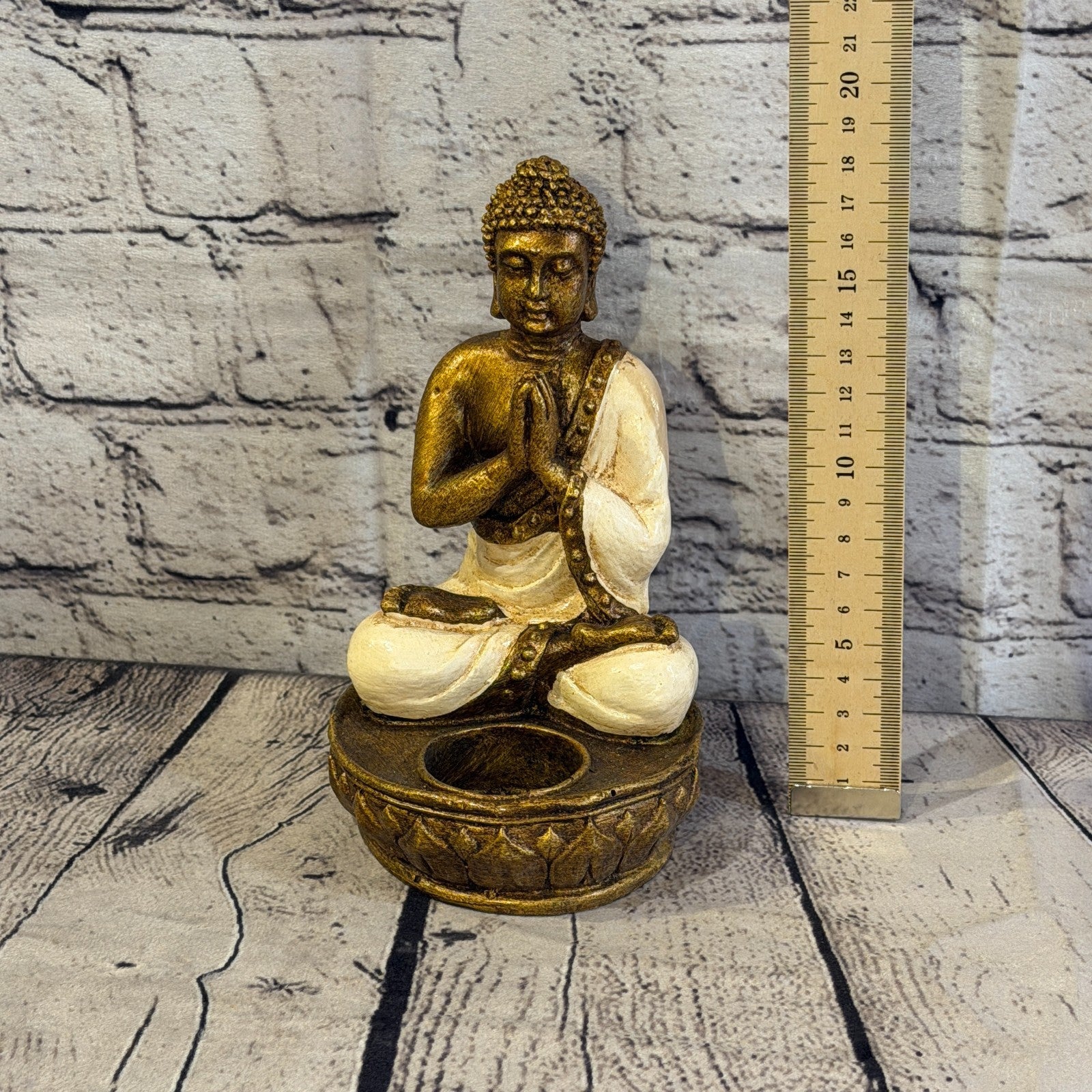 White & Bronze 20cm x 10cm Thai Buddha Tea Light Holder Statue Resin Hindu5