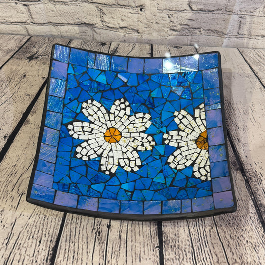 30cm Blue Daisy Flower Square Mosaic Handmade Ceramic Glass Tile Bowl Fruit0