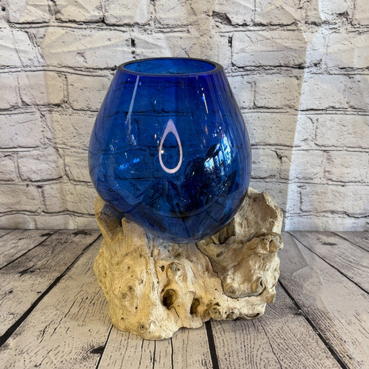 30cm Tall Blue Colour Melted Glass Wood Decorative Vase Glass Sculpture Crafted0