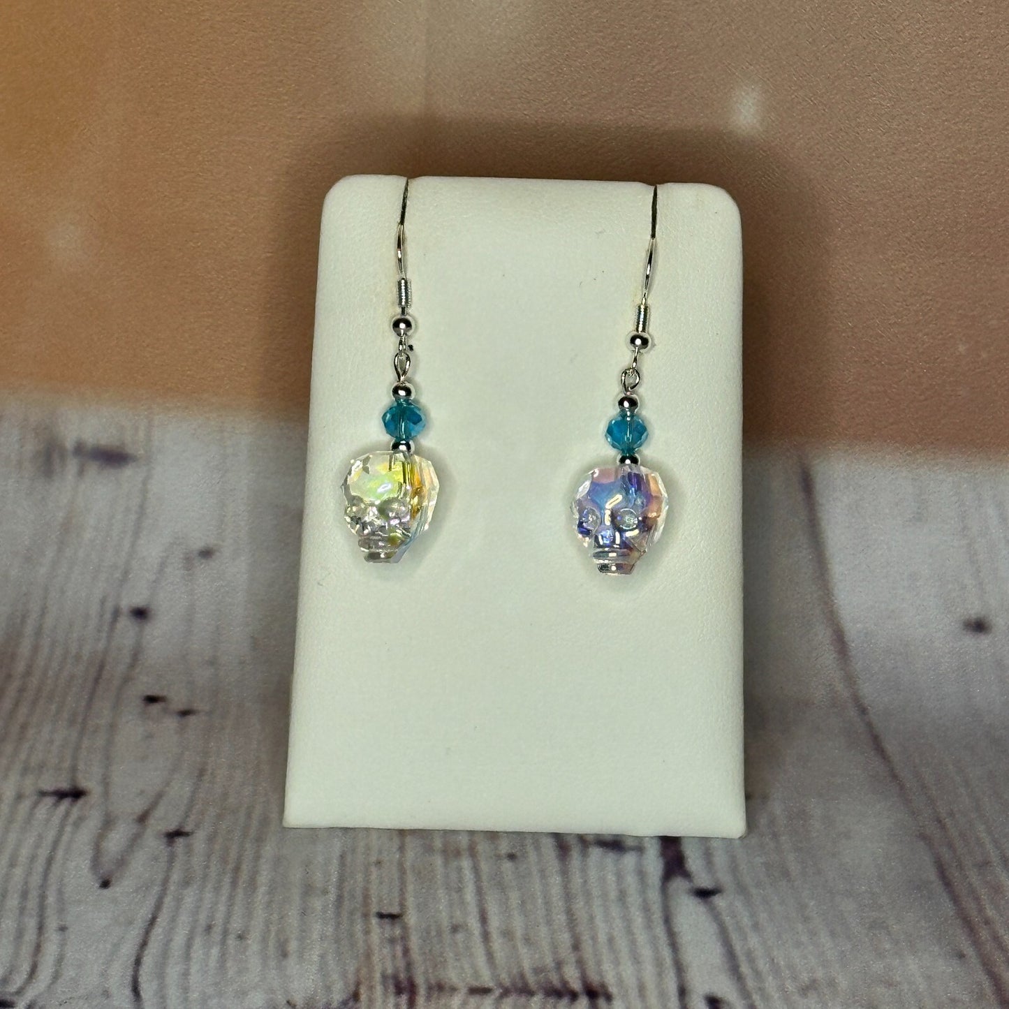 Light Blue Crystal And Skull Shaped Dangle Drop Earrings Handmade UK Jewellery0