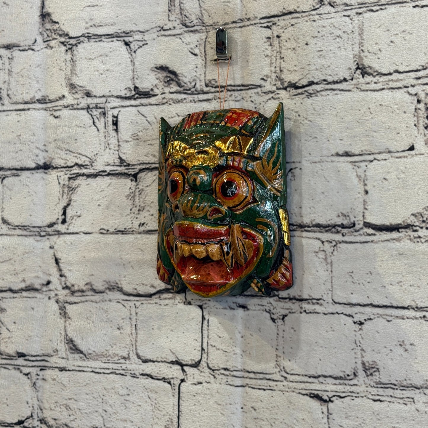 Small Wooden Green Barong Wall Mask 12cm x 12cm Handmade And Fairtrade Hindu1