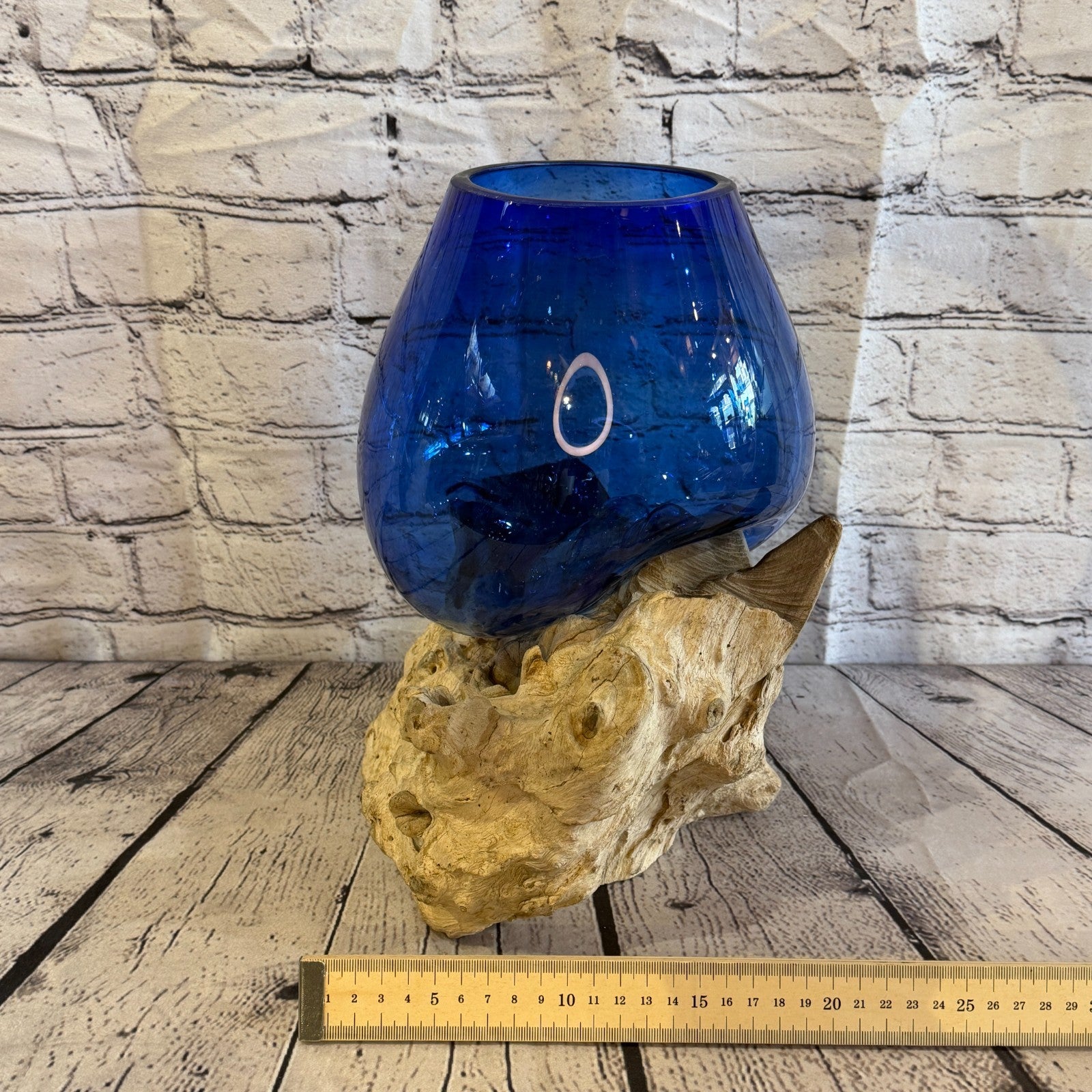 30cm Tall Blue Colour Melted Glass Wood Decorative Vase Glass Sculpture Crafted6