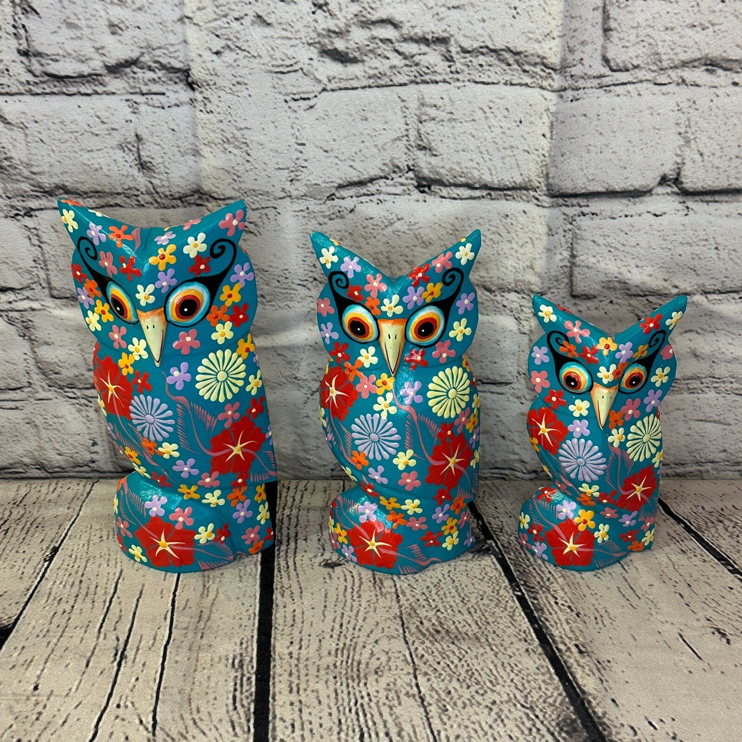 Blue Large Wooden Owl With Flower Pattern 20cm x 8cm Handmade and Fairtrade8