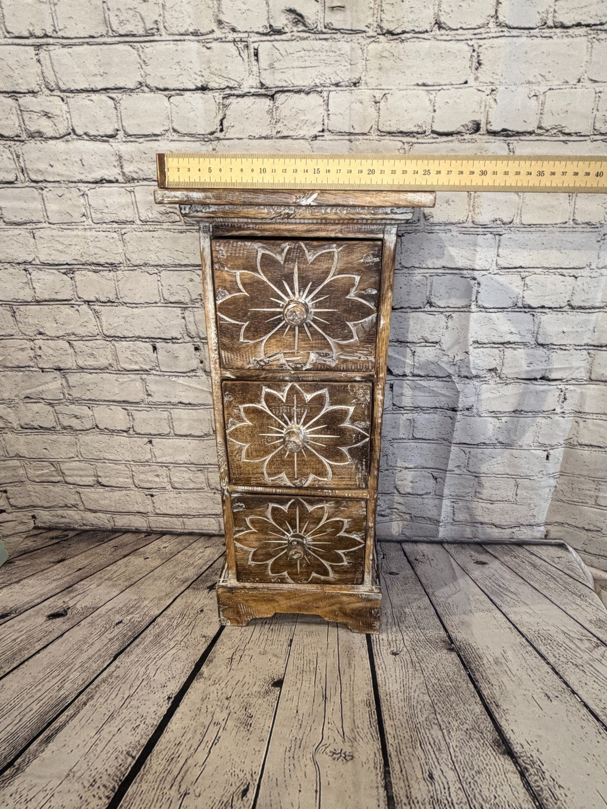 60cm x 25cm Brown 3 Draw Pillar Wooden Side Cabinet Living Storage Furniture7