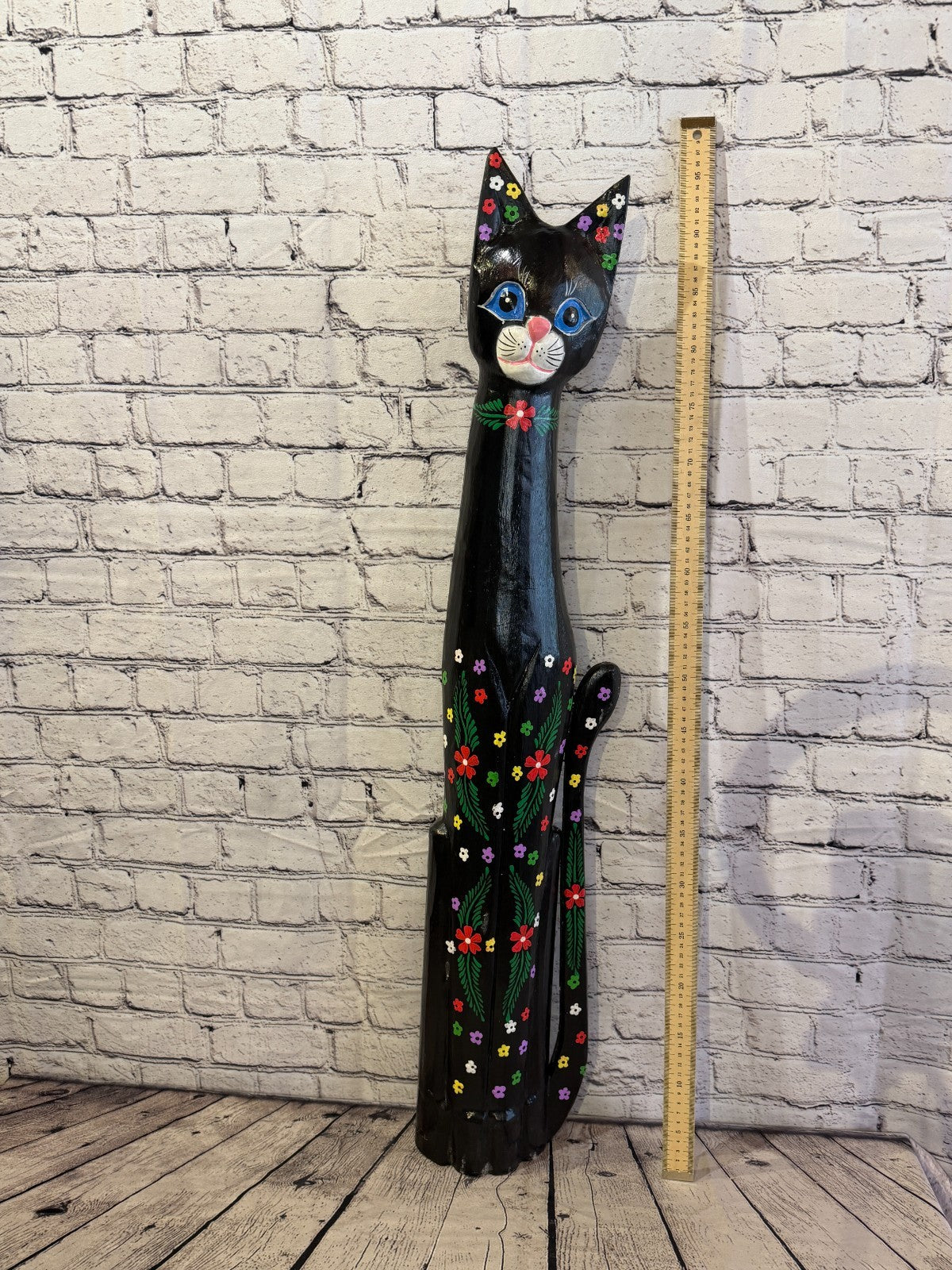 100cm Black Mix Flower Wooden Shabby Cat Statue Ornament Fair Trade Handcarved5
