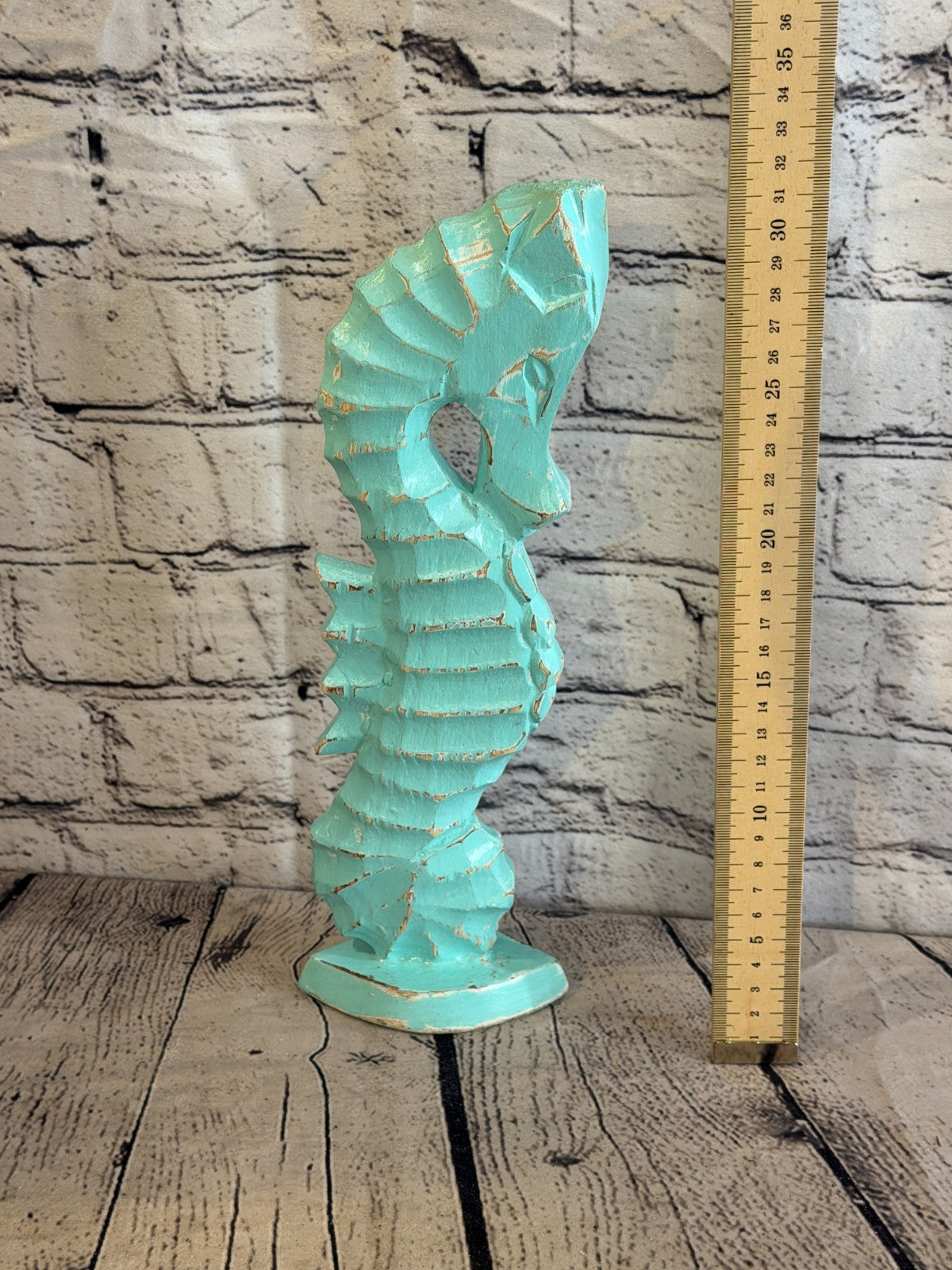 30cm Green Teal Wooden Shabby Seahorse Statue Ornament Fair Trade Handcarved5