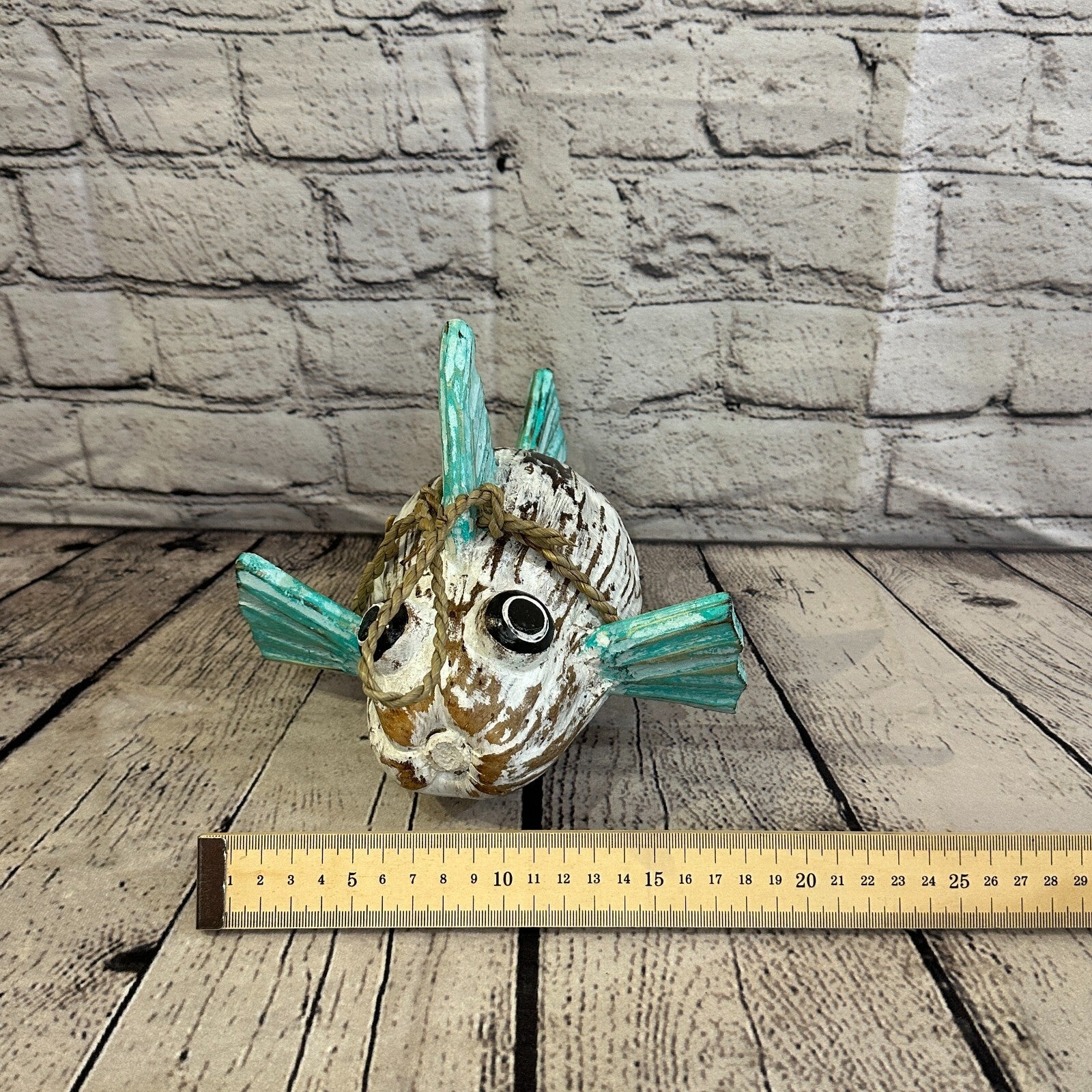 Green White Folk Art Hand Painted Puffer Fish Coconut Shell Ornaments Hanging7